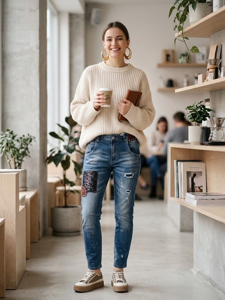 Wholesaler Sexy Woman - These blue boyfriend jeans feature a color gradient, studs, and various geometric patterns, making them trendy and versatile.