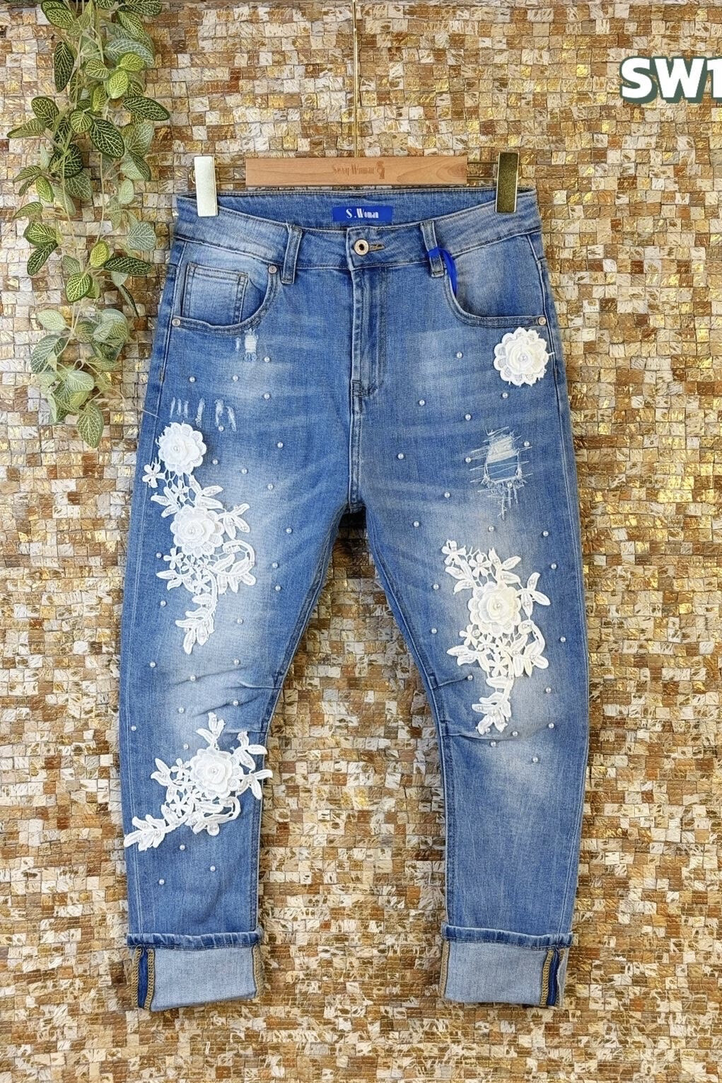 Wholesaler Sexy Woman - Jeans Boyfriend Fit Blue, Patchwork, Soft Denim, Bohemian Style, Pants