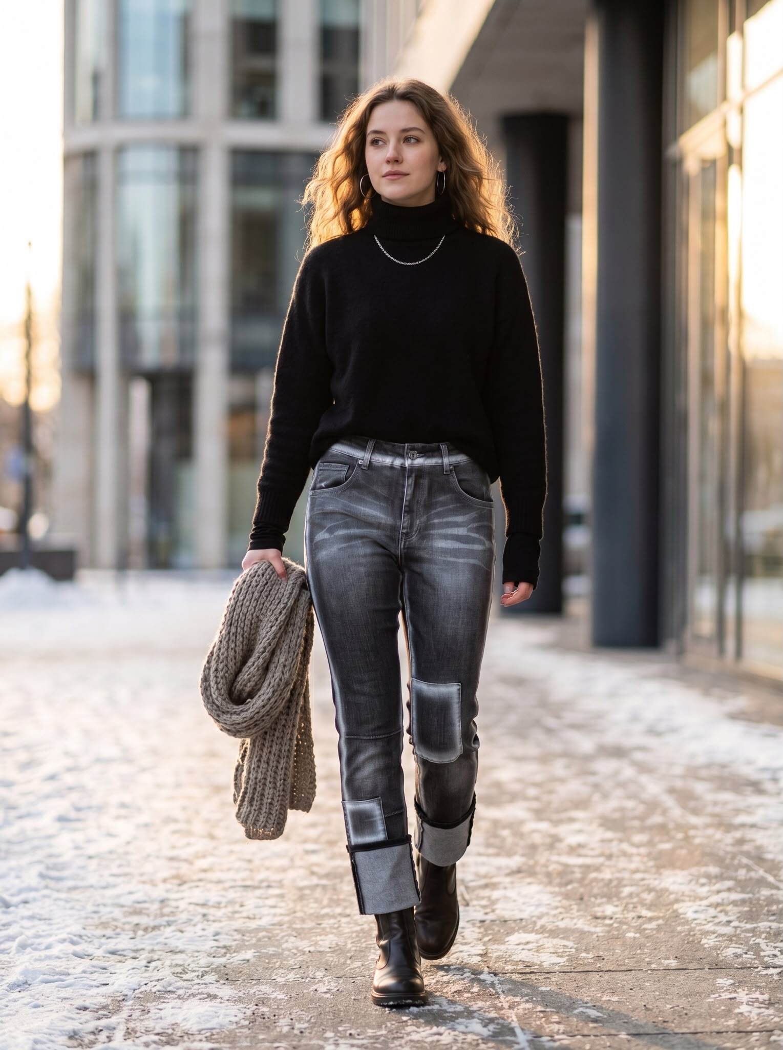 Wholesaler Sexy Woman - Black and grey jeans in retro style with a faded and aged effect, patchwork applications and cuffs: a unique and versatile streetwear style.