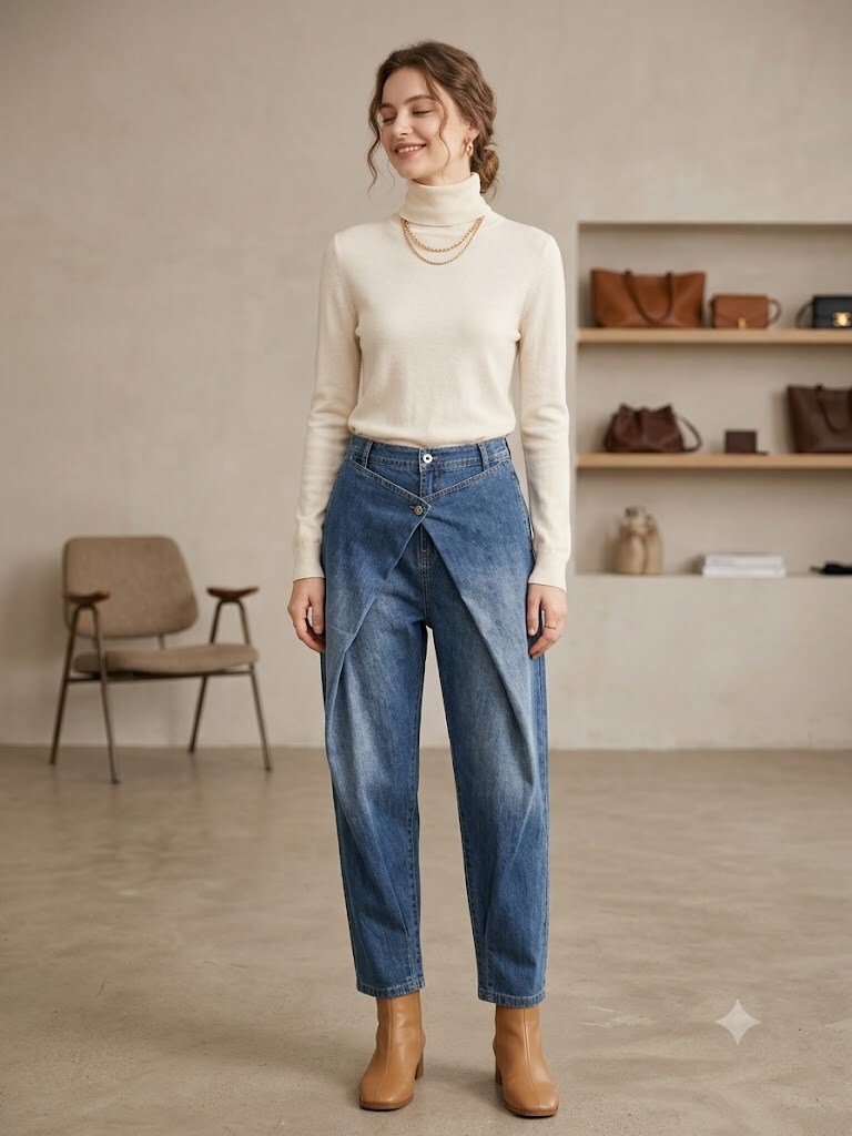 Wholesaler Sexy Woman - Niche crossover design jeans, elasticated waist, straight and wide leg, dad jeans