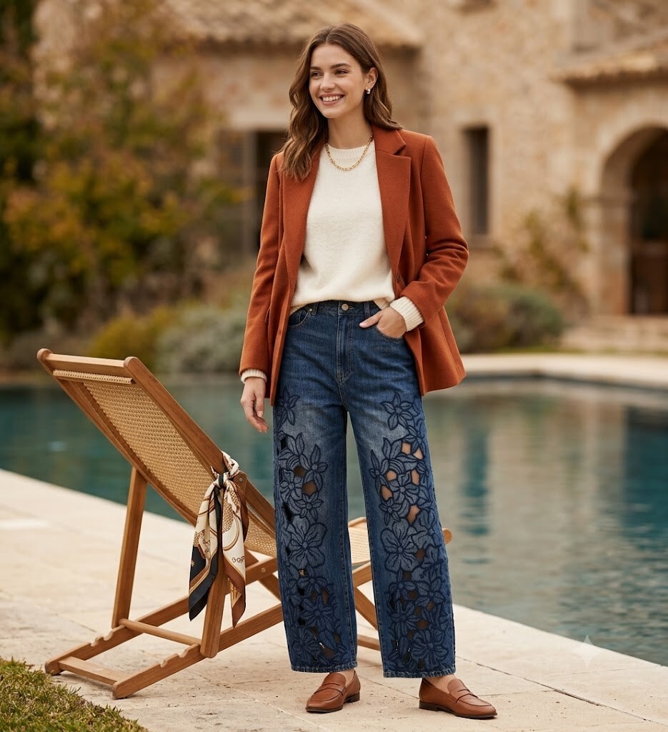 Wholesaler Sexy Woman - Denim lavato in stile retrò, ricamo floreale tridimensionale traforato, modello ampio e comodo, pieno di personalità e dallo stile street unico.