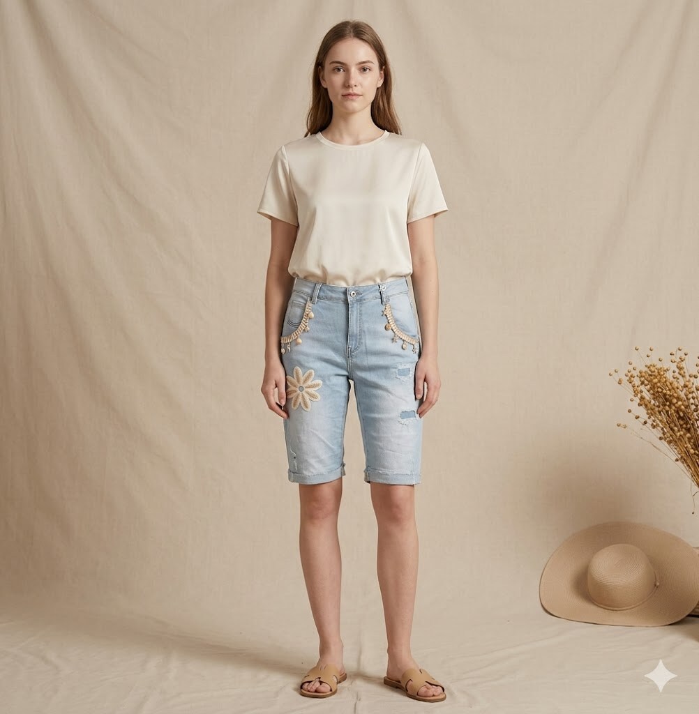 Mayorista Sexy Woman - Shorts de mezclilla con botones florales y de concha, estilo bohemio, a la moda, tendencia, versátiles y prácticos.