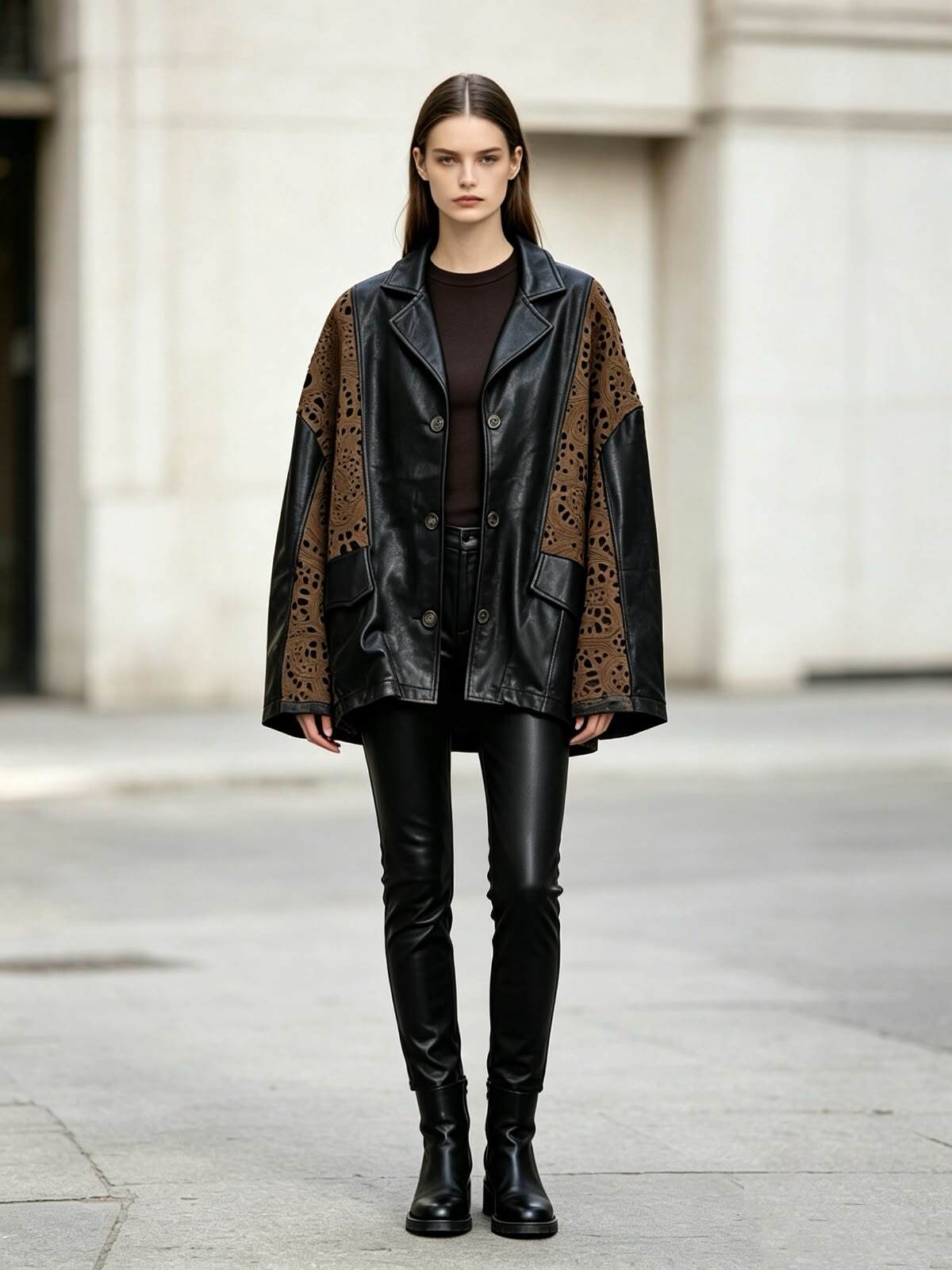 Wholesaler Sexy Woman - A black faux leather suit jacket that combines the freshness of leather with a perforated design.