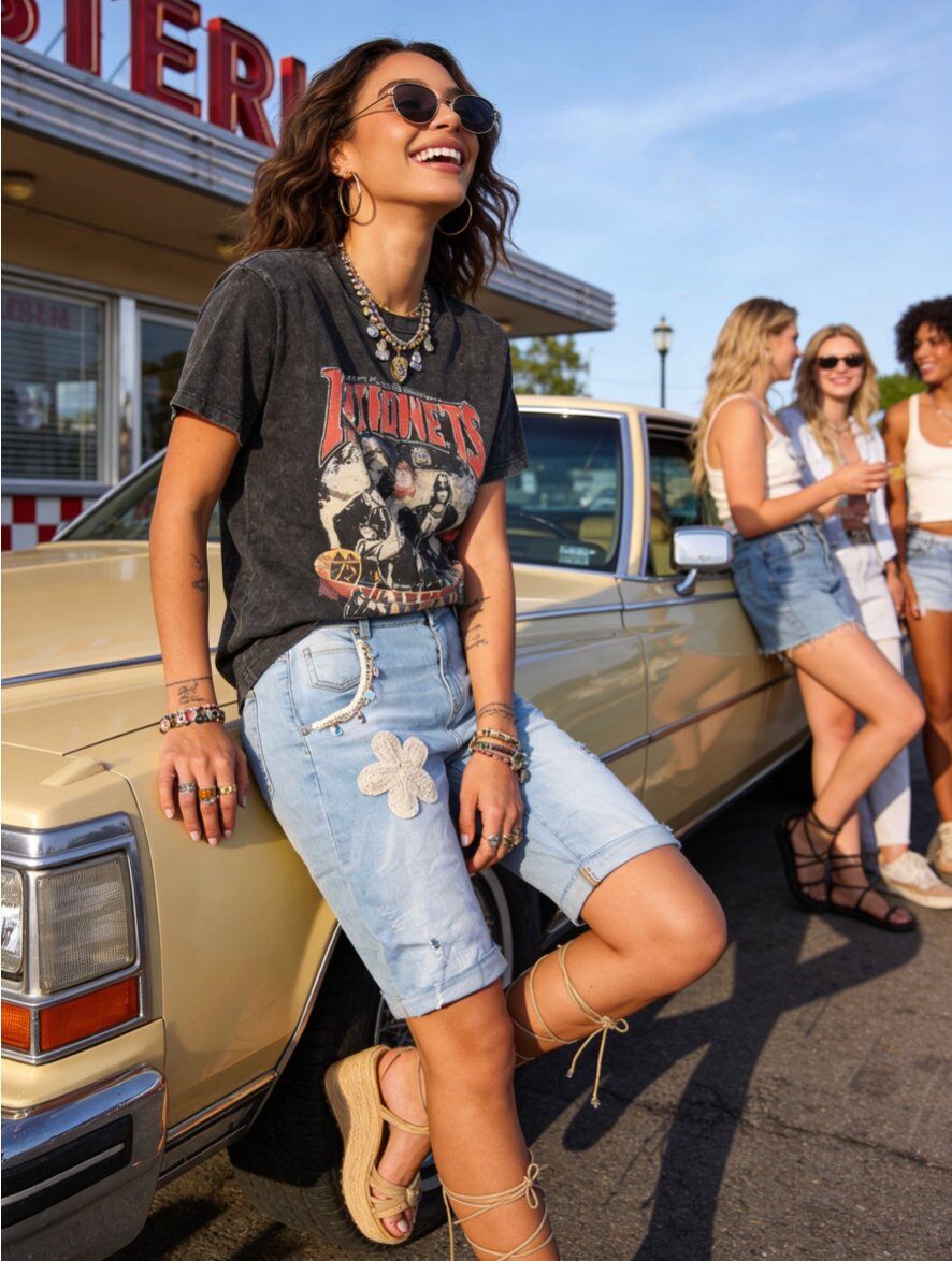 Mayorista Sexy Woman - Pantalones cortos de mezclilla con botones florales y de concha, estilo bohemio, a la moda, de tendencia, versátiles y prácticos.