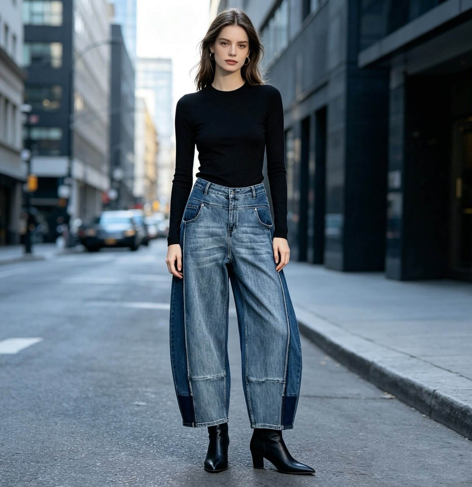 Wholesaler Sexy Woman - Curvy jeans with patchwork effect and retro wash, curvy banana pants, wide and slimming