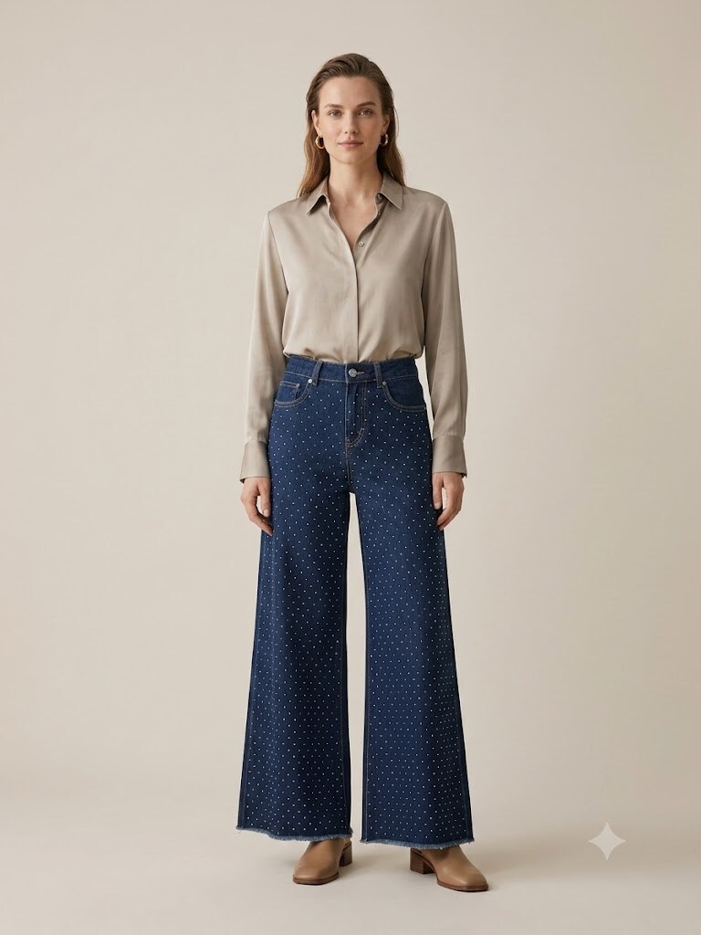 Grossista Sexy Woman - Nuovo stile primaverile: pantaloni svasati blu scuro con decorazione interamente in strass sul davanti ed eleganti nappe sull'orlo. Eleganti, raffinati,