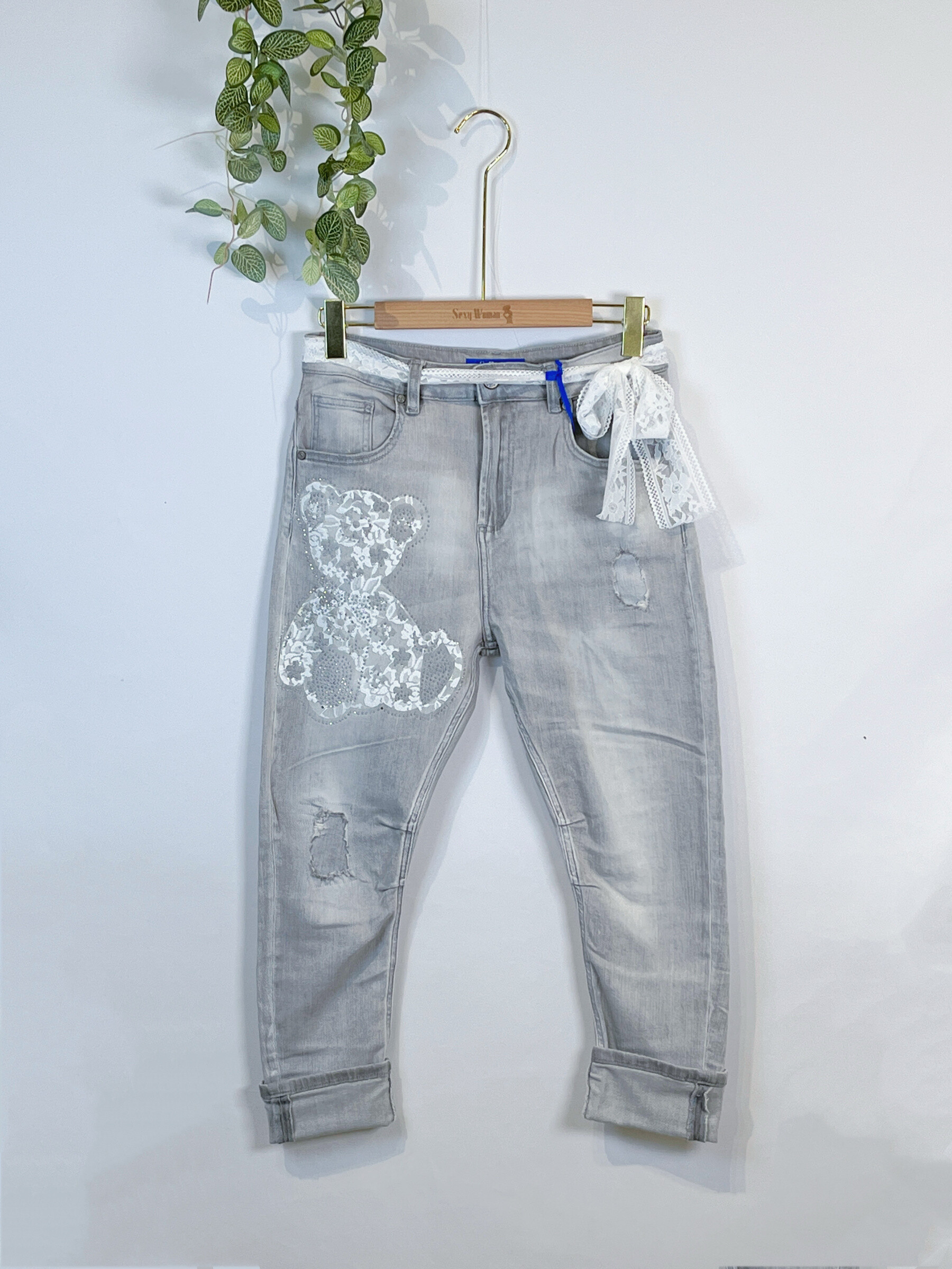 Grossista Sexy Woman - Jeans grigi, design originale, denim morbido, pizzo e strass