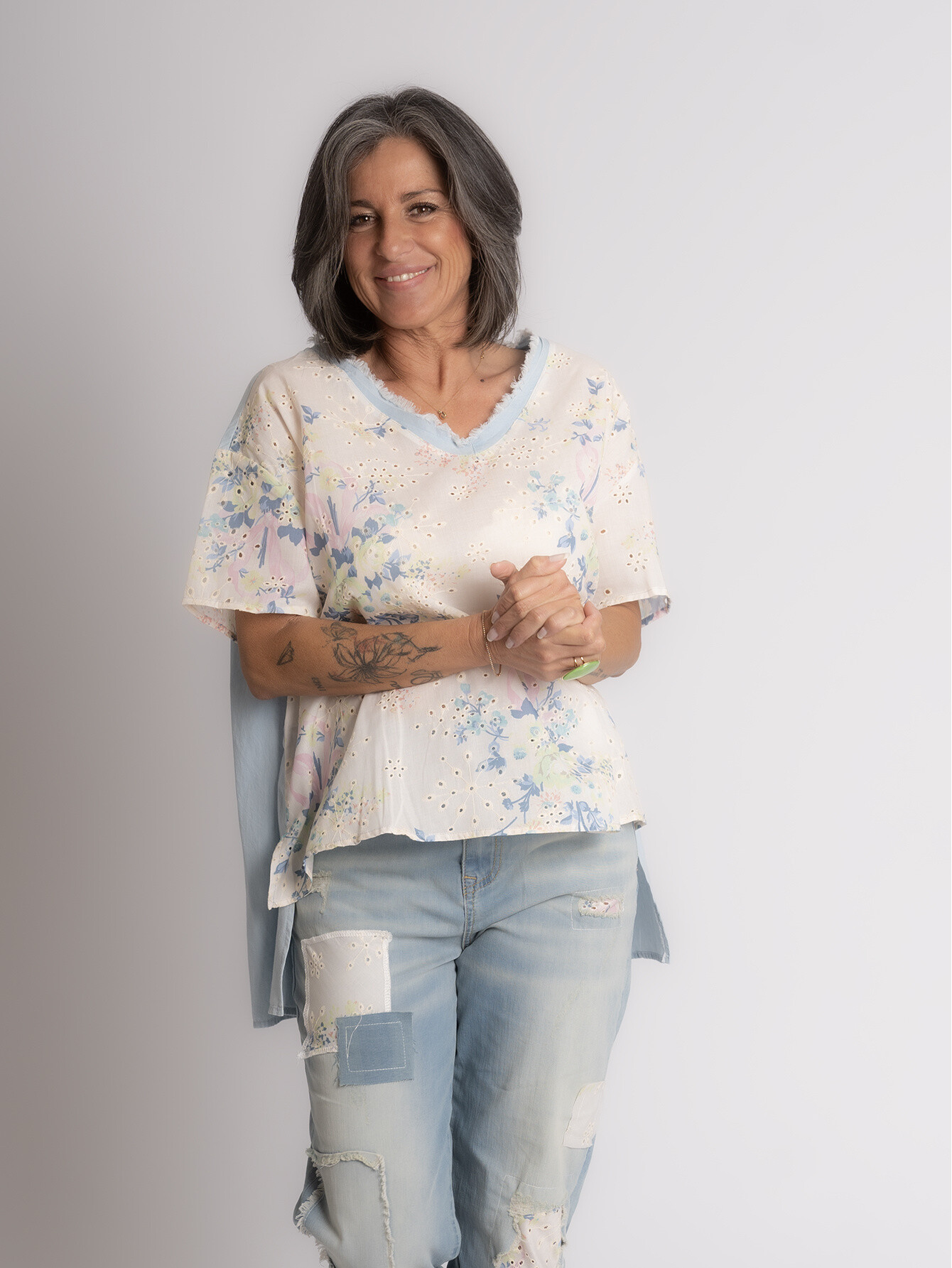 Großhändler Sexy Woman - Jeans Denim Blau, Patchwork, Bequeme Passform, Ausgebleichter Effekt, Lässiger Stil