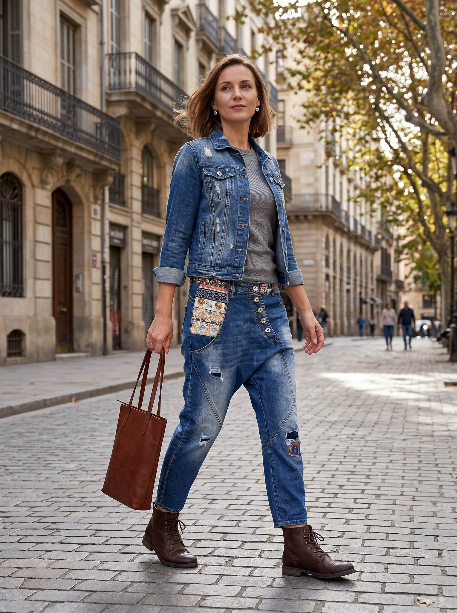 Wholesaler Sexy Woman - These wide denim pants with ethnic brocade embroidery exude a retro and niche vibe.