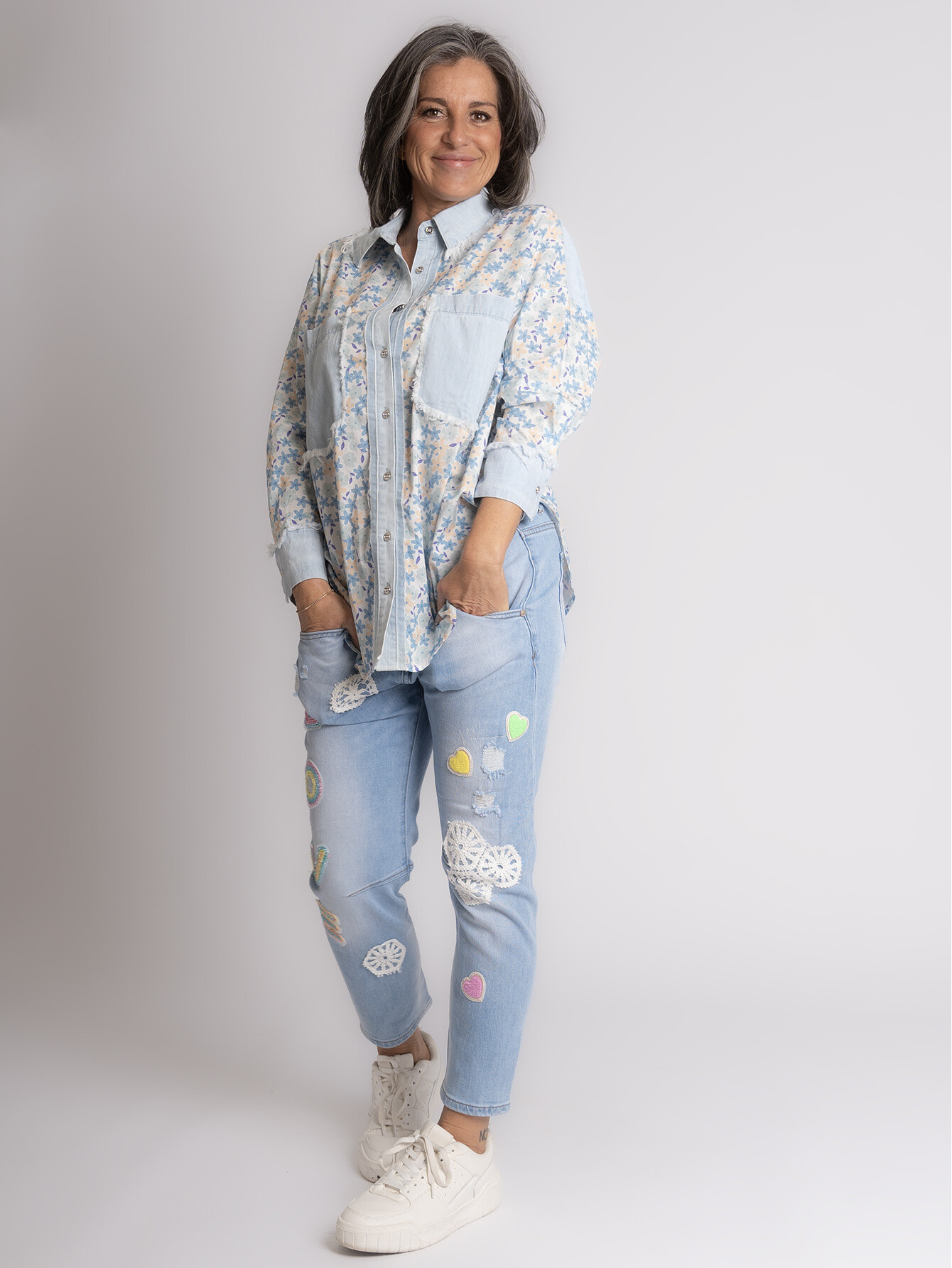 Wholesaler Sexy Woman - Jeans Boyfriend Fit Blue, Patchwork, Soft Denim, Bohemian Style, Pants