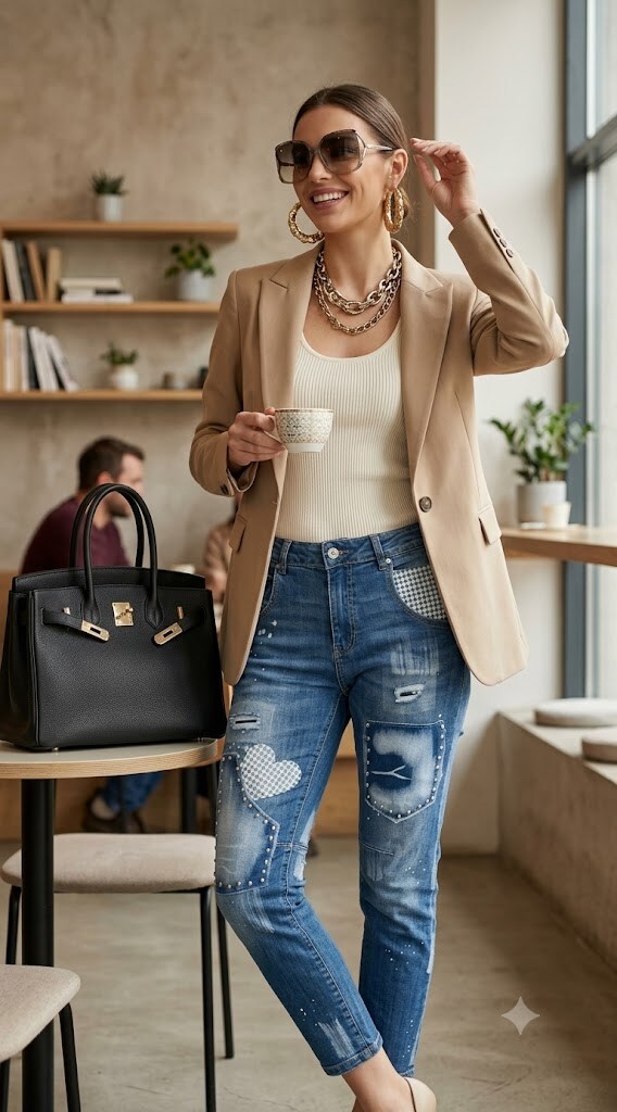 Wholesaler Sexy Woman - Vintage washed boyfriend jeans, heart-shaped rhinestone decorations, worn effect design