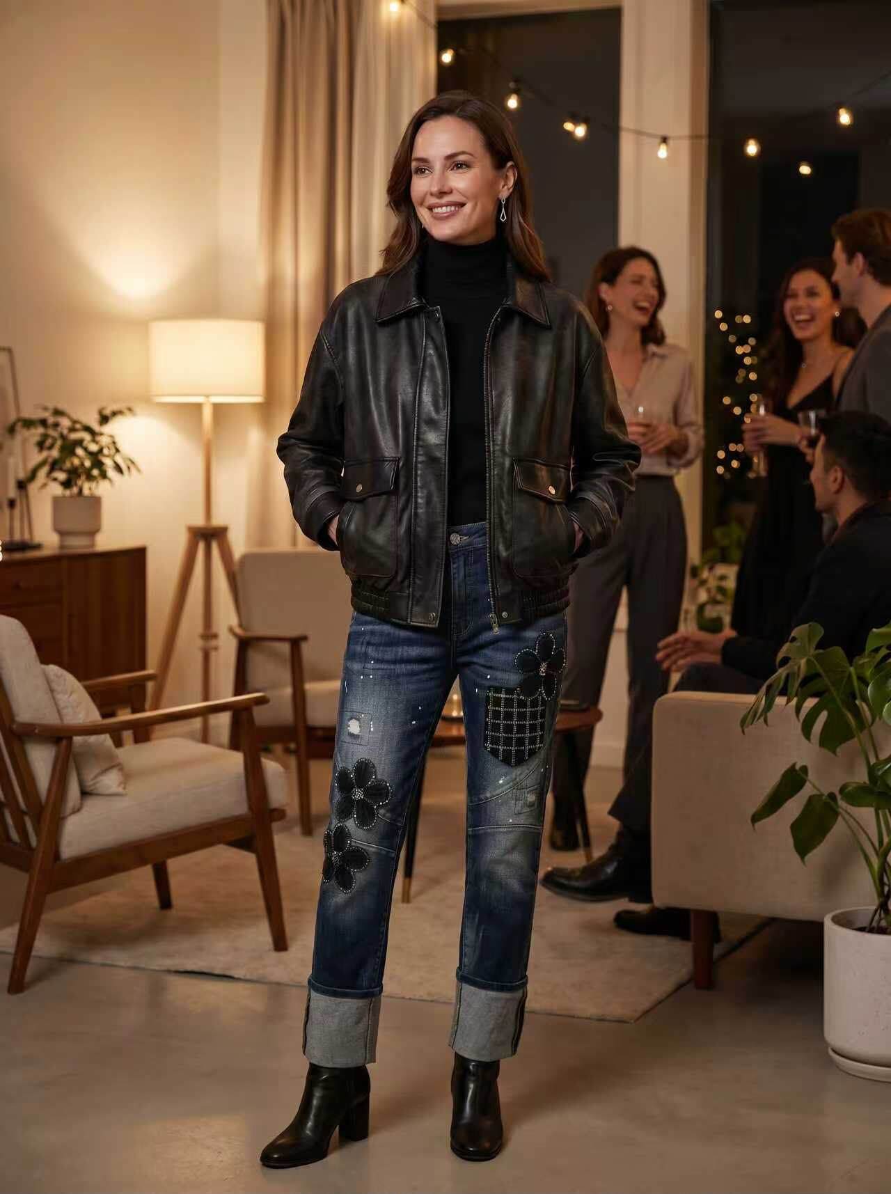 Mayorista Sexy Woman - Chaqueta de cuero sintético con cuello chal, cremallera y bolsillos. Cintura elástica en el dobladillo.