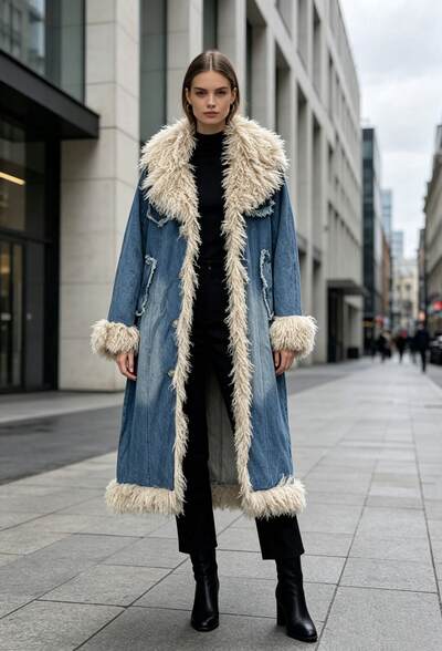 Großhändler Sexy Woman - Hochwertiger langer Jeansmantel mit Pelzkragen, erhältlich in zwei Waschungen. Großhändler Sexy Woman - Hochwertiger langer Jeansmantel mit Pelzkragen, erhältlich in zwei Waschungen.