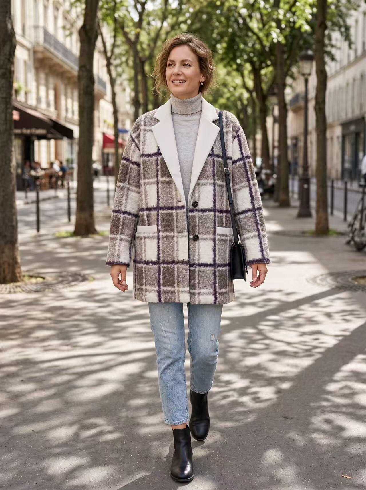 Wholesaler Sexy Woman - Mid-length coat with a checkered collar in French retro style, soft and luxurious.