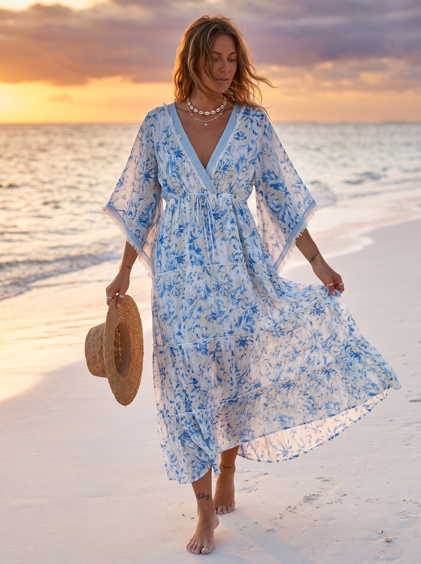 Wholesaler Sexy Woman - This long printed dress features a denim V-neck, making it elegant, versatile, trendy, and unique.