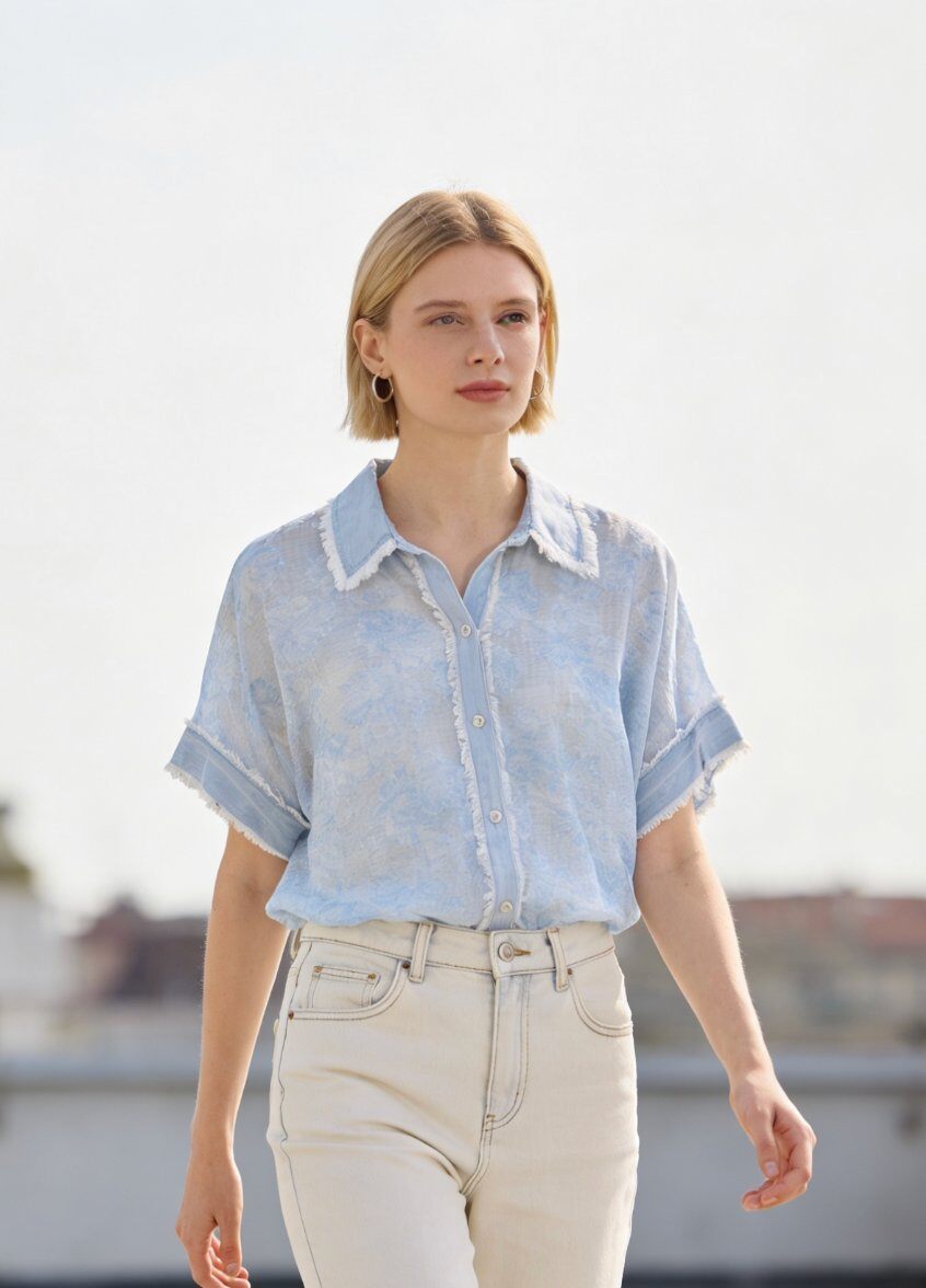 Wholesaler Sexy Woman - Embroidered short-sleeve shirt is crafted from a sheer fabric paired with denim. Its original design is elegant and versatile.