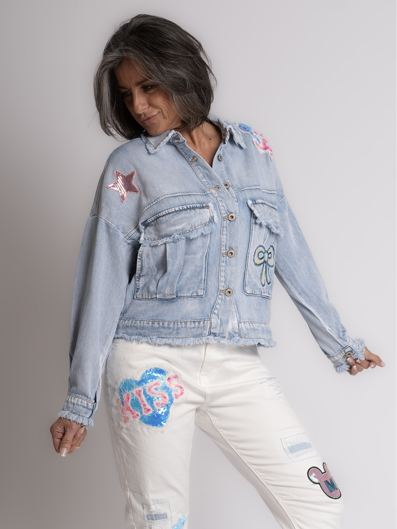 Wholesaler Sexy Woman - Blue Denim Jacket, Sequins, Shiny, Streetwear Style, Comfortable Fit