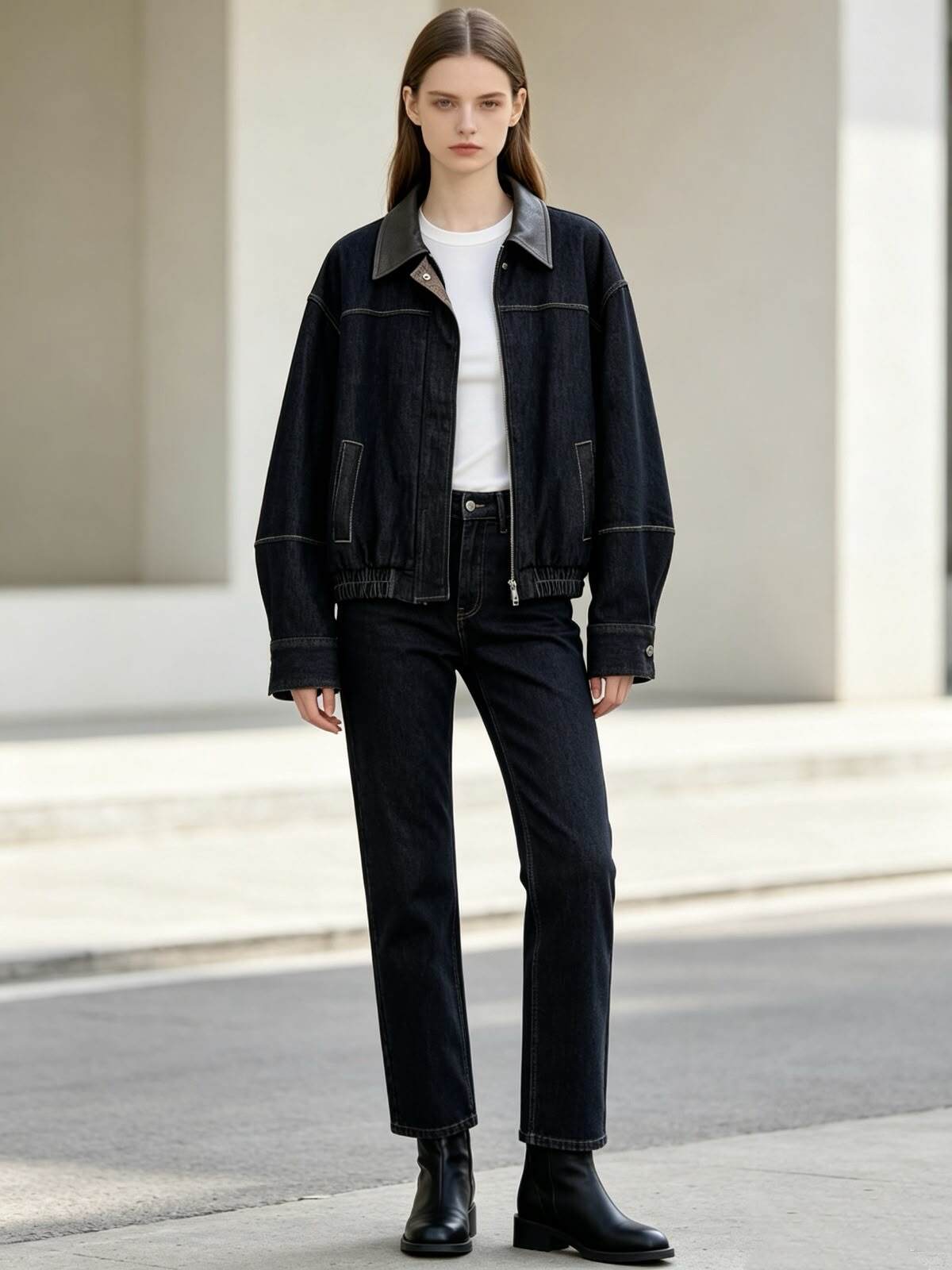 Wholesaler Sexy Woman - Denim jacket with contrasting faux leather collar, zip closure, and two vertical side pockets; elasticated ruched hem.