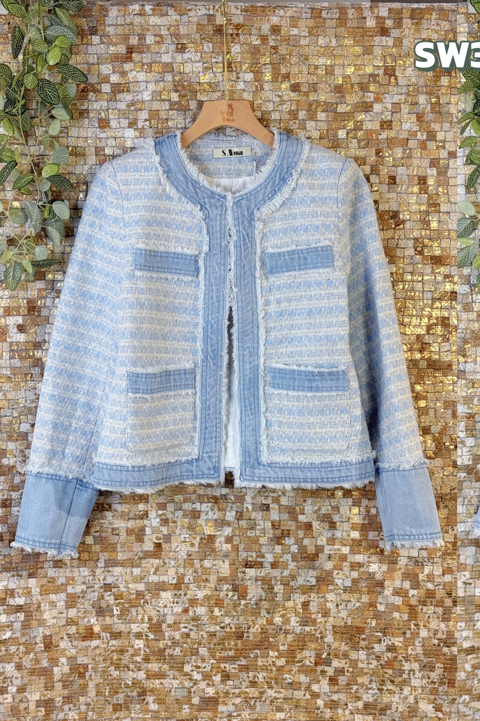 Wholesaler Sexy Woman - Blue Denim Jacket, Chanel Style, Sequins, Elegant, Refined, Shiny