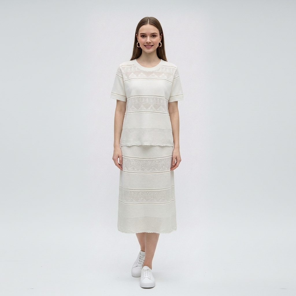 Grossiste SHEYA FASHION - Ensemble deux pièces en maille avec détails ajourés et col rond