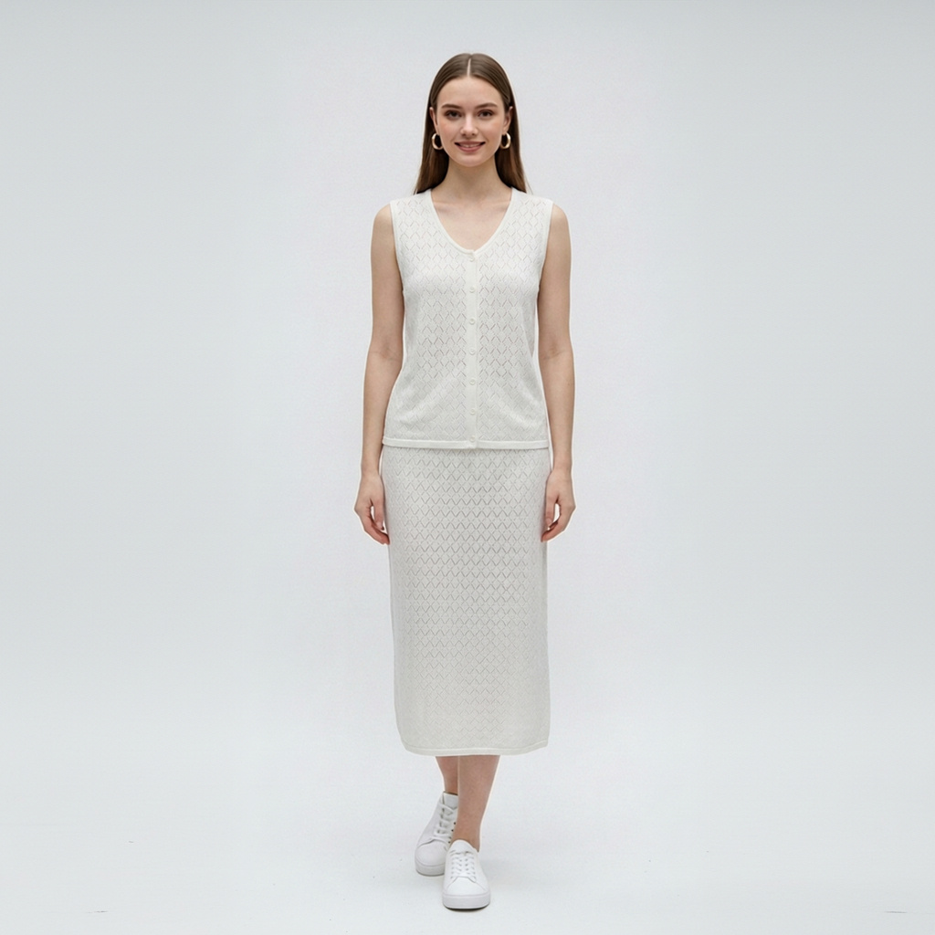 Grossiste SHEYA FASHION - Ensemble deux pièces en maille ajourée sans manches à col en V