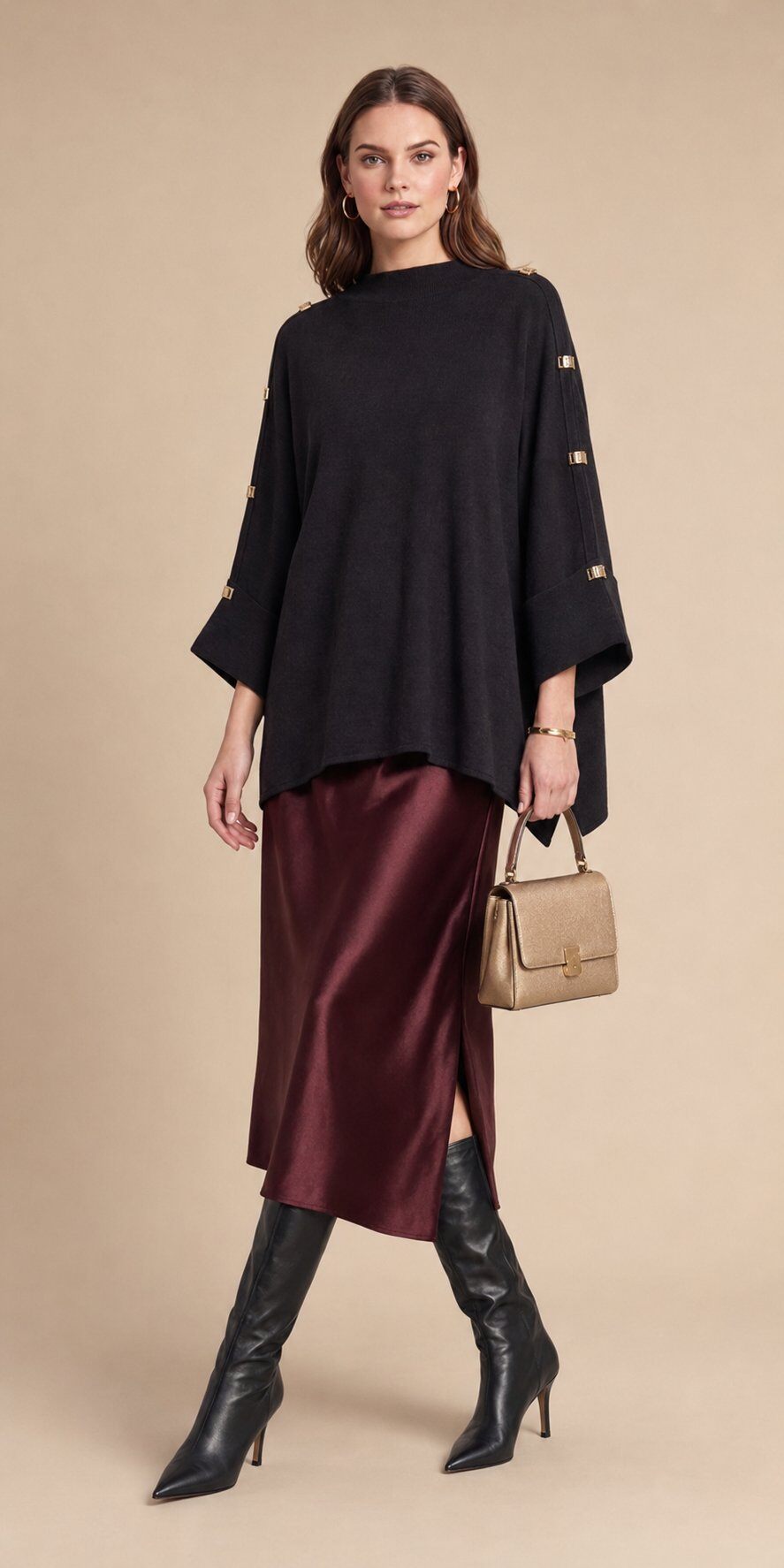 Wholesaler SHEYA FASHION - Women's Loose Batwing Knitted Top with Half High Neck, Gold Buckle Decor, and Irregular Hem Blouse