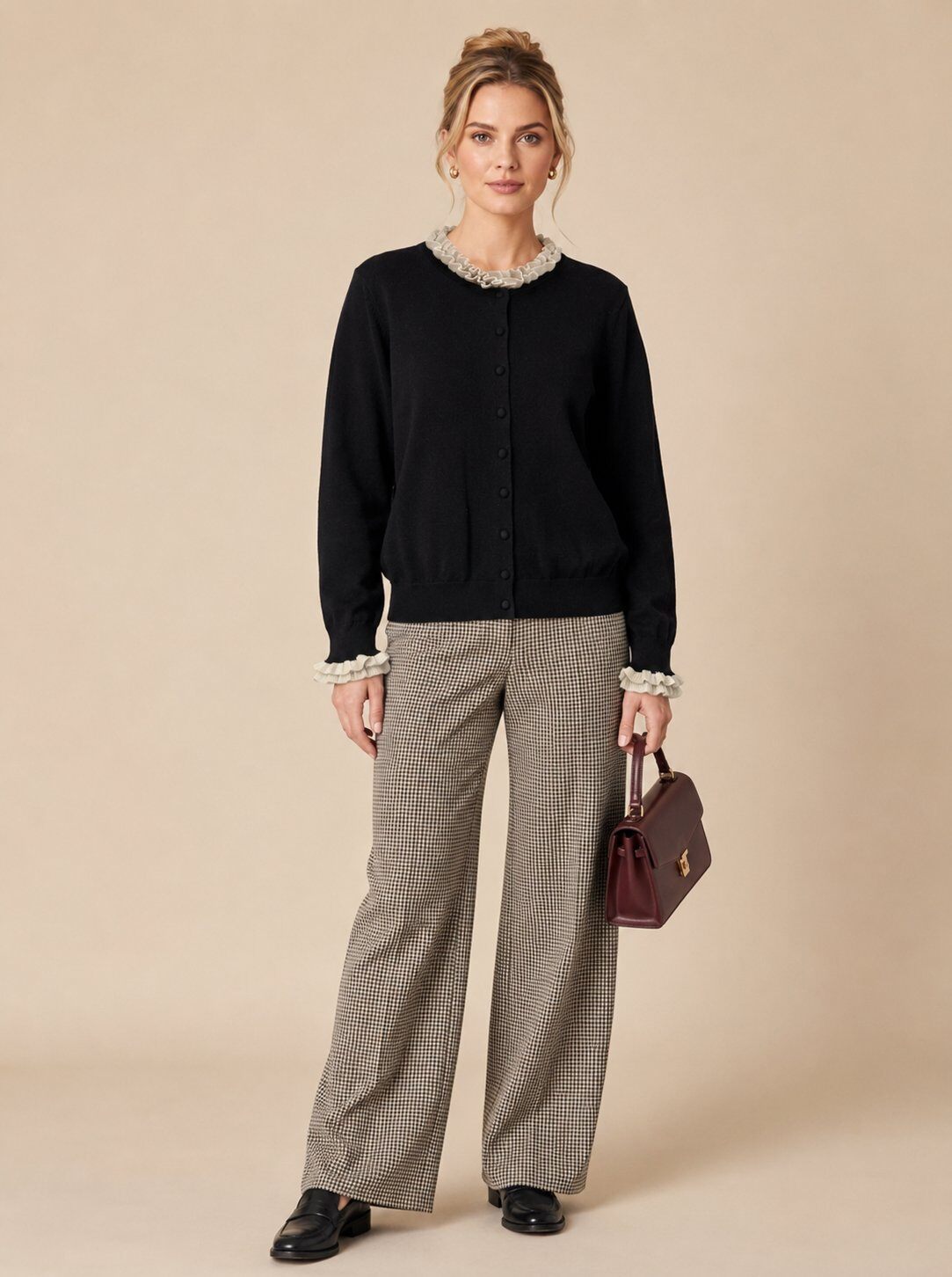 Wholesaler SHEYA FASHION - Women's Round Neck Knitted Cardigan with Contrast Ruffle Trim Cuffs Elegant Casual Sweater