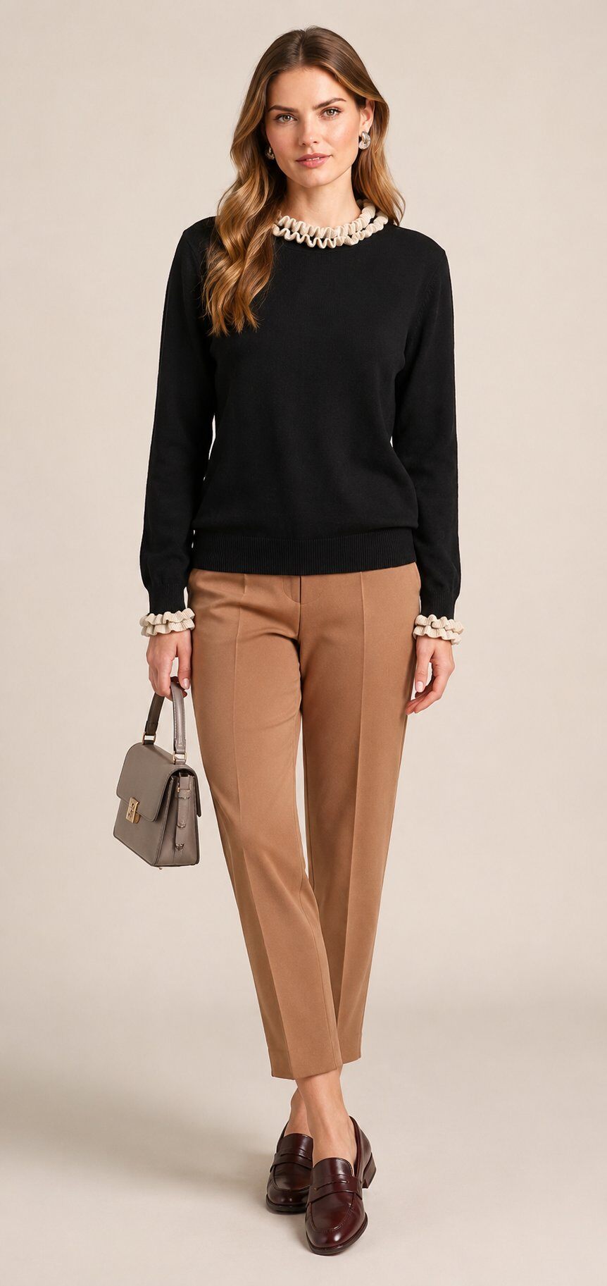 Wholesaler SHEYA FASHION - Elegant Fine Knit Jumper Two Tone Ruffle Trim Neck & Cuff Casual Knit Top