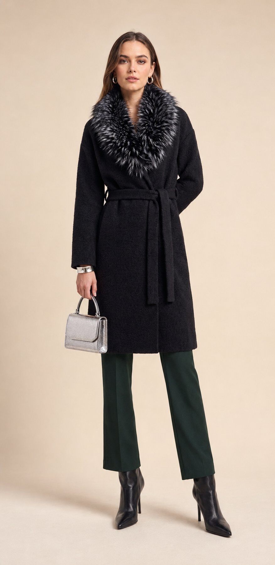 Wholesaler SHEYA FASHION - Oversized Raccoon Fur Collar Belted Long Knit Cardigan With Pockets