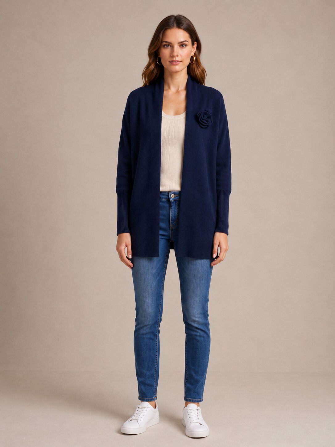 Wholesaler SHEYA FASHION - Open Front Knit Cardigan With 3D Floral Ornament & Ribbed Cuffs