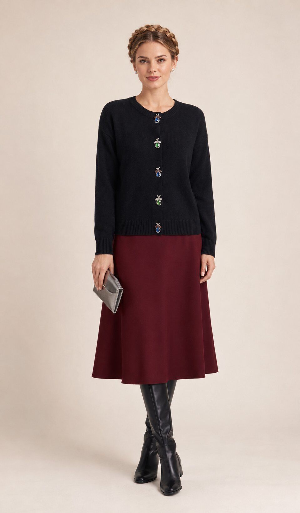 Wholesaler SHEYA FASHION - Women's Crew Neck Knit Cardigan with Decorative Bee Crystal Gem Buttons Long Sleeve Knit Jacket