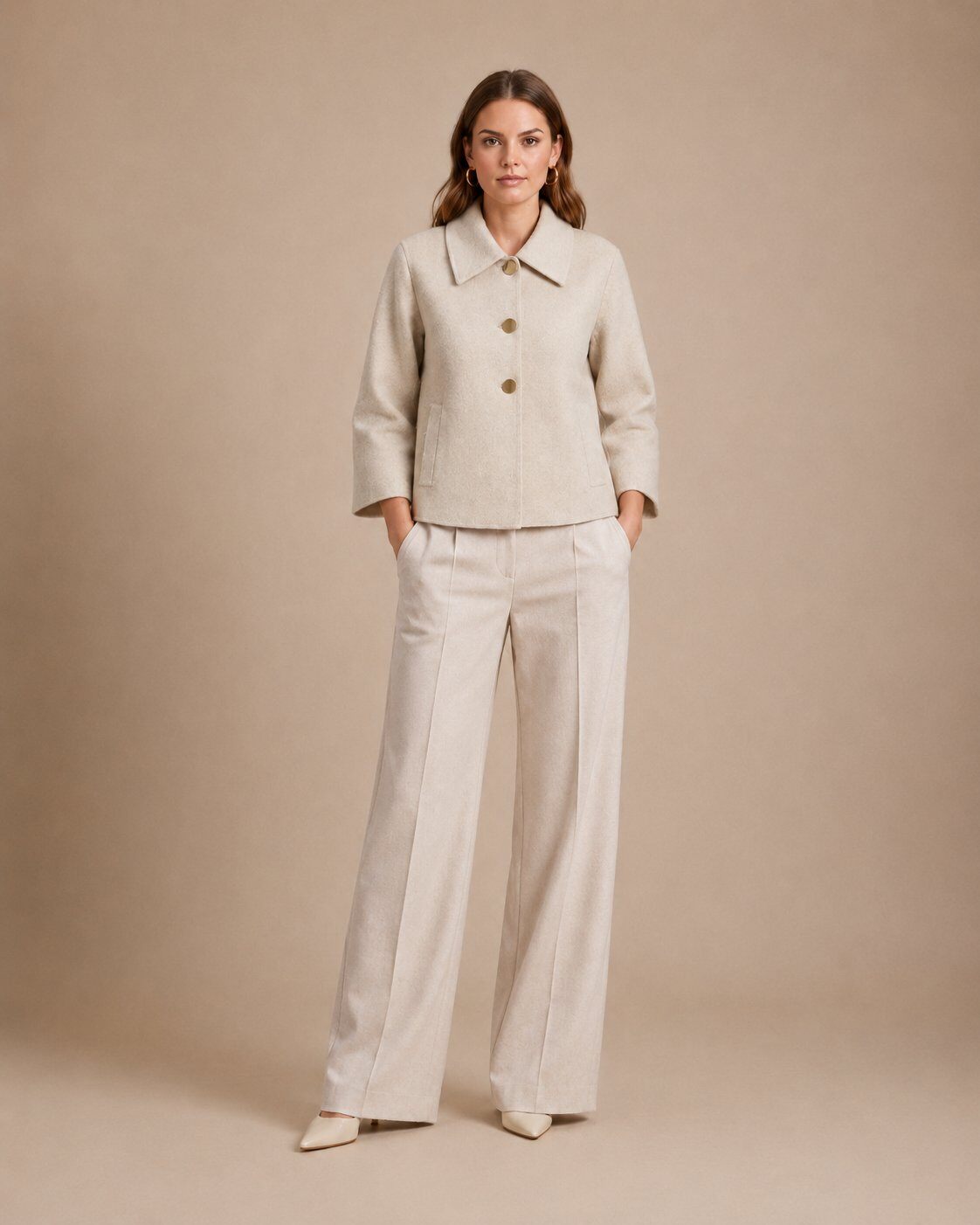 Wholesaler SHEYA FASHION - Cropped wool blend jacket with lapel collar, three black buttons, and 3/4 sleeves