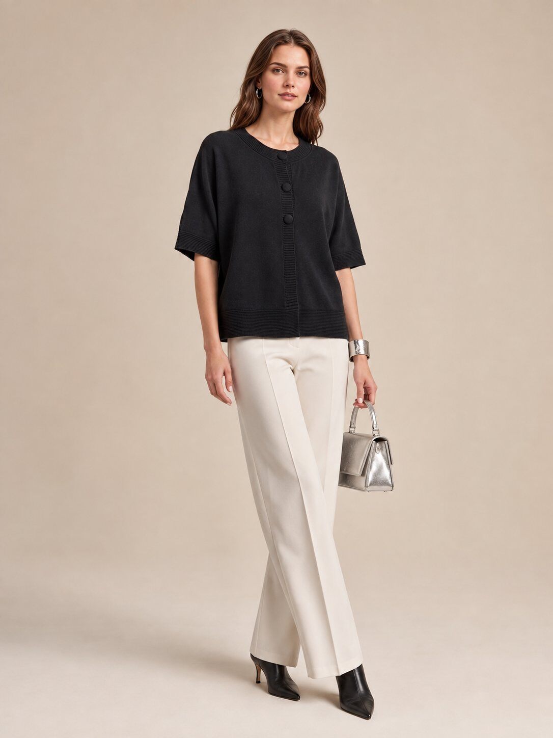 Wholesaler SHEYA FASHION - Crew Neck Vertical Decorative Button Batwing Short Sleeve Knit Top