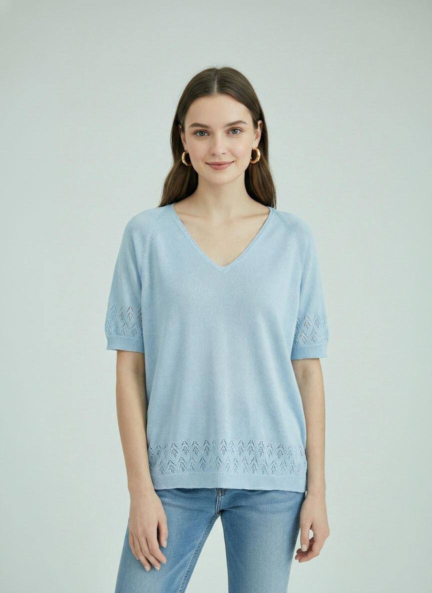 Grossiste SHEYA FASHION - Haut en maille à encolure en V avec manches raglan et bordure ajourée