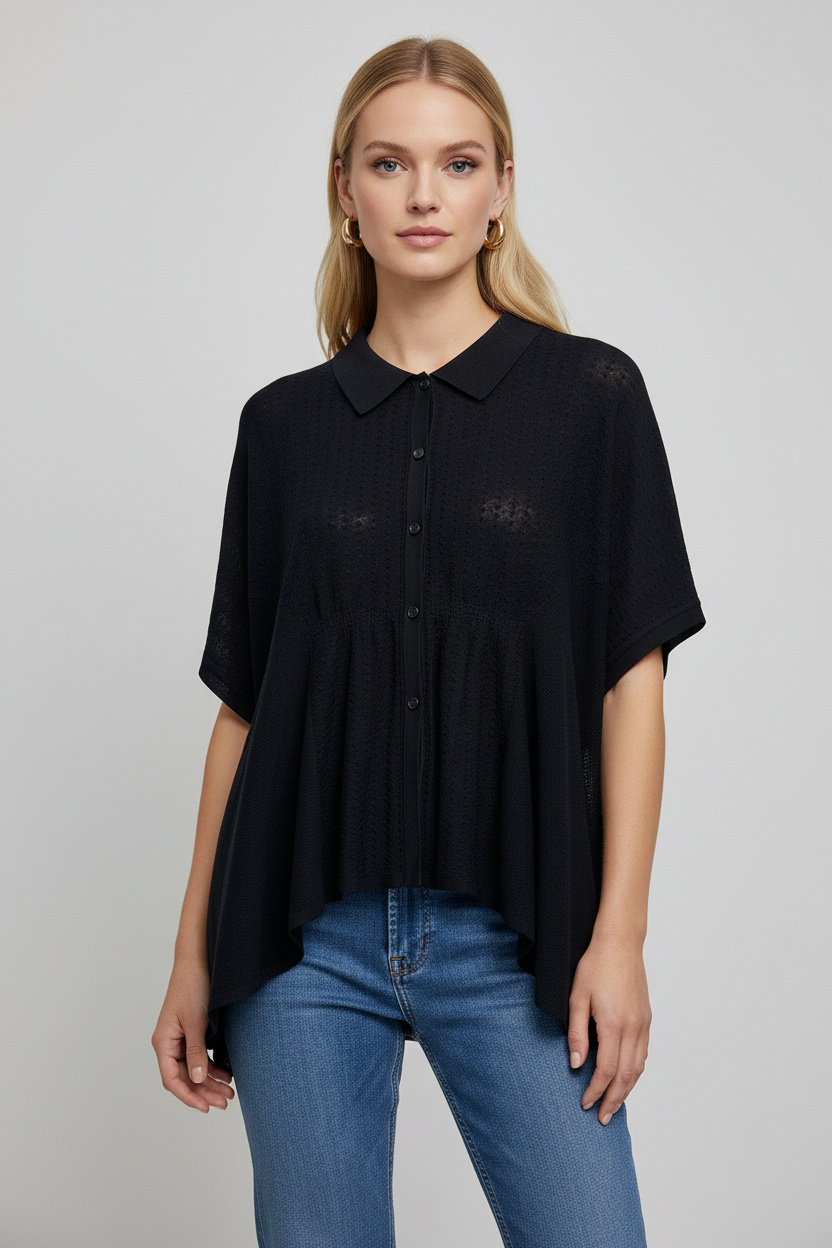 Mayorista SHEYA FASHION - Camisa de punto texturizada con cuello polo y dobladillo asimétrico