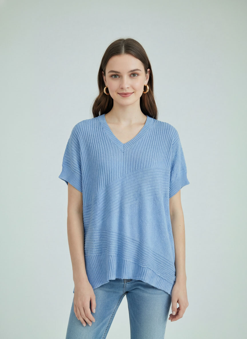 Grossiste SHEYA FASHION - Haut en maille à col en V, côtes diagonales et ourlet asymétrique