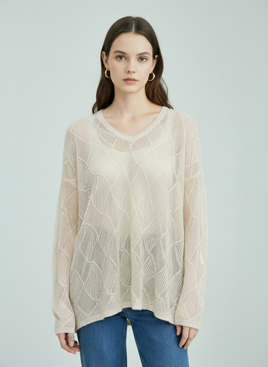Mayorista SHEYA FASHION - Top de punto ligero y transparente con diseño en relieve de hojas