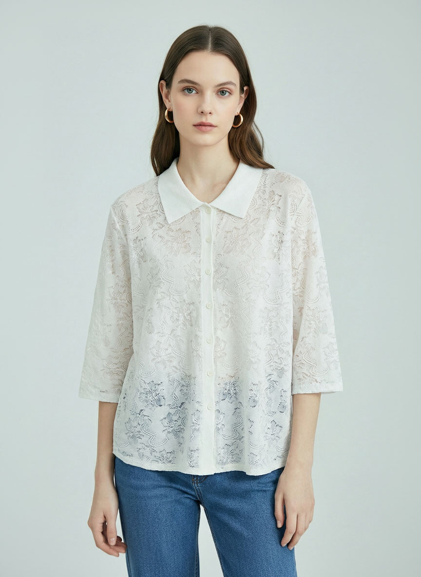 Mayorista SHEYA FASHION - Top de punto con cuello polo y mangas a media longitud en jacquard floral