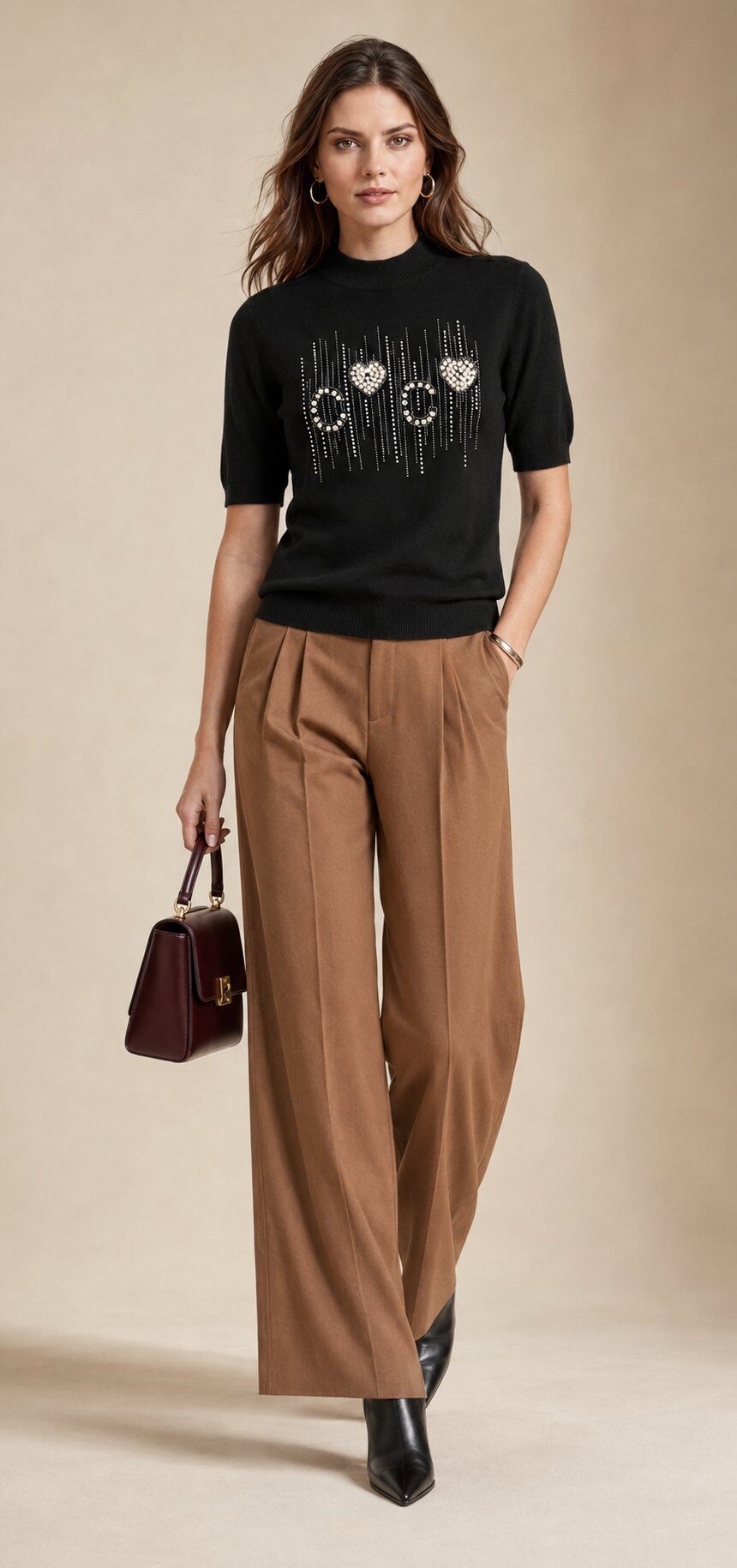 Wholesaler SHEYA FASHION - Mock Neck Rhinestone Letter & Heart Pattern Short Sleeve Knit Top
