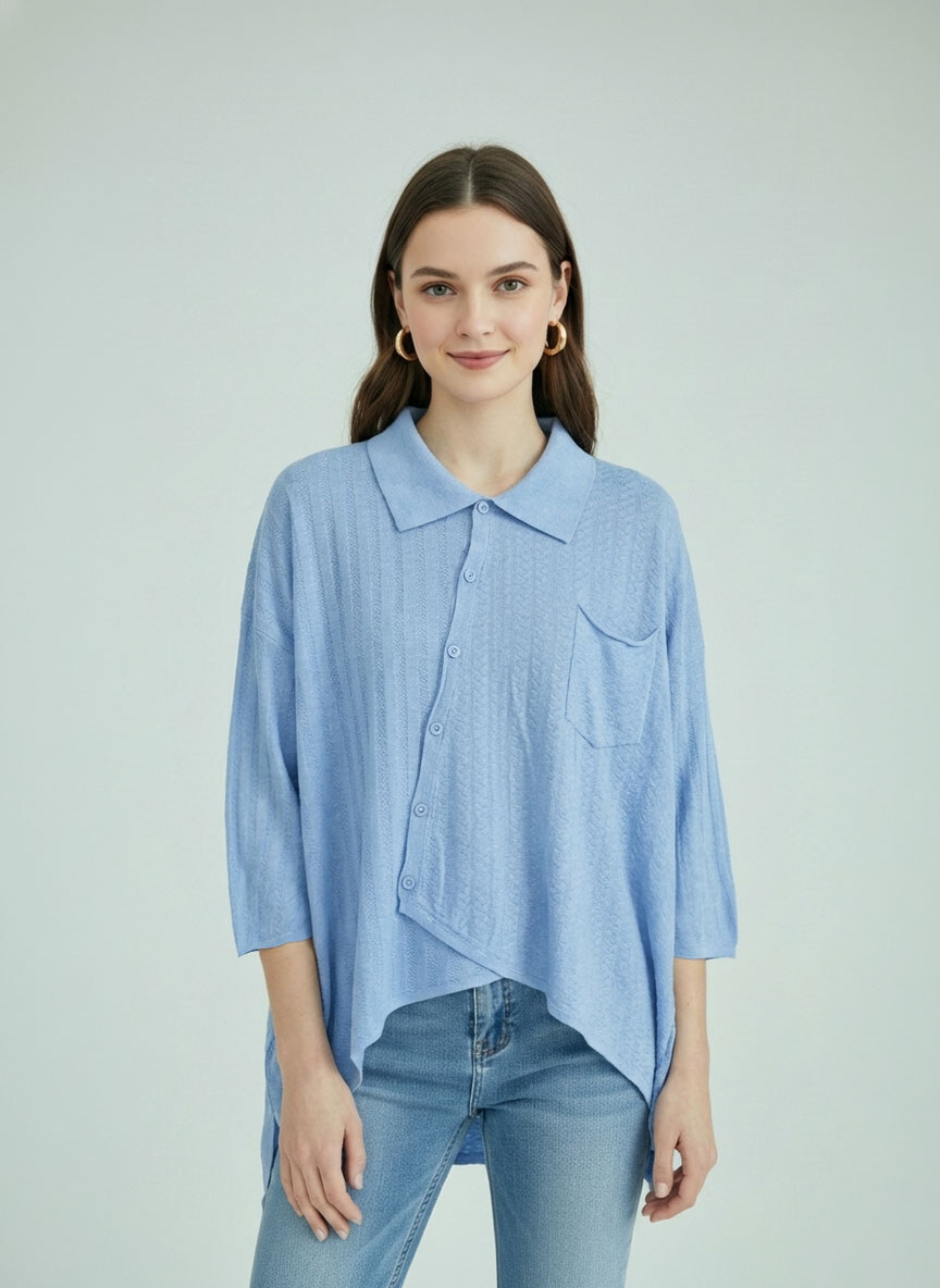 Grossiste SHEYA FASHION - Haut en maille texturée à col polo et ourlet asymétrique