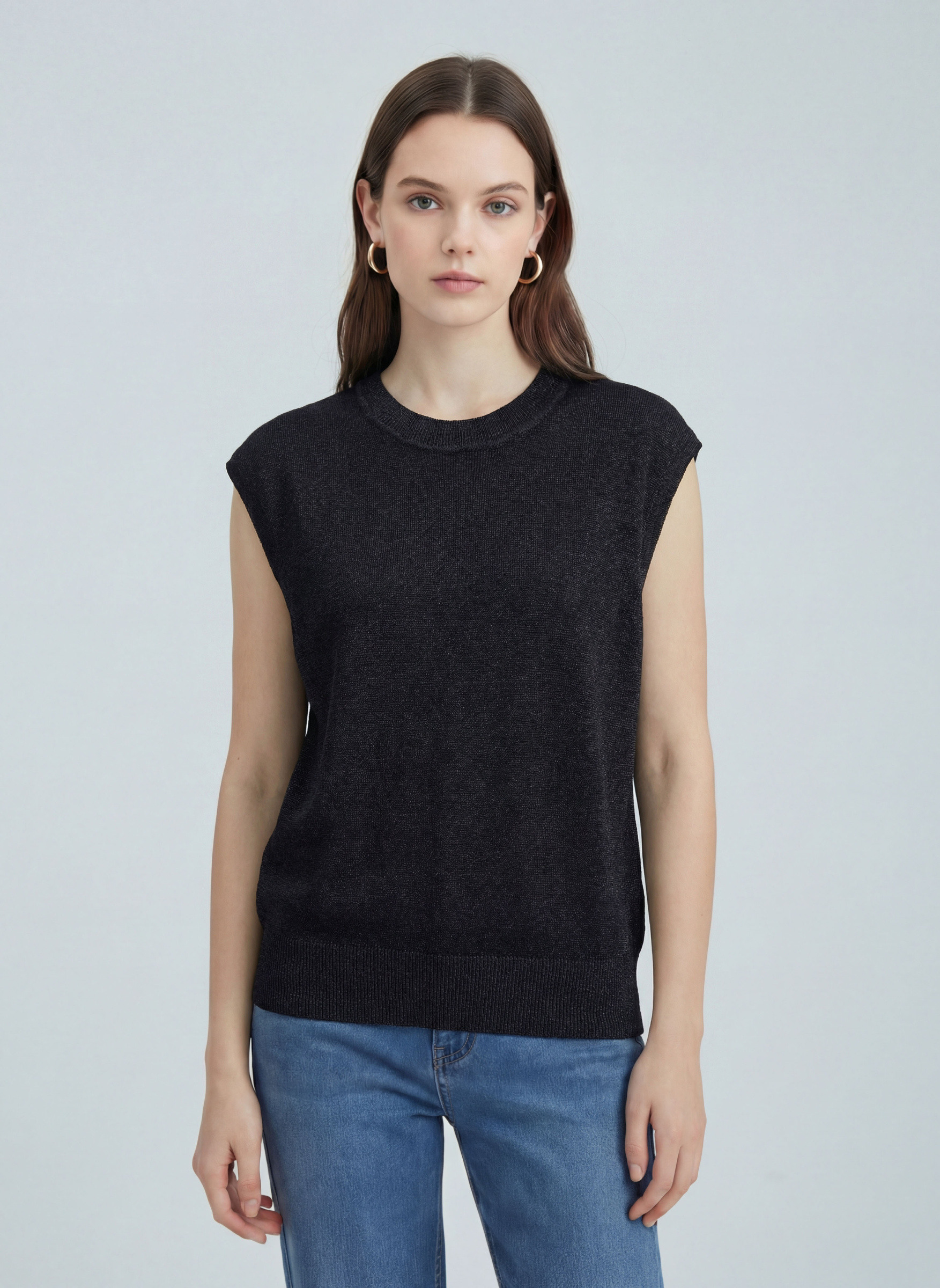 Mayorista SHEYA FASHION - Top de punto sin mangas con cuello redondo y brillo elegante