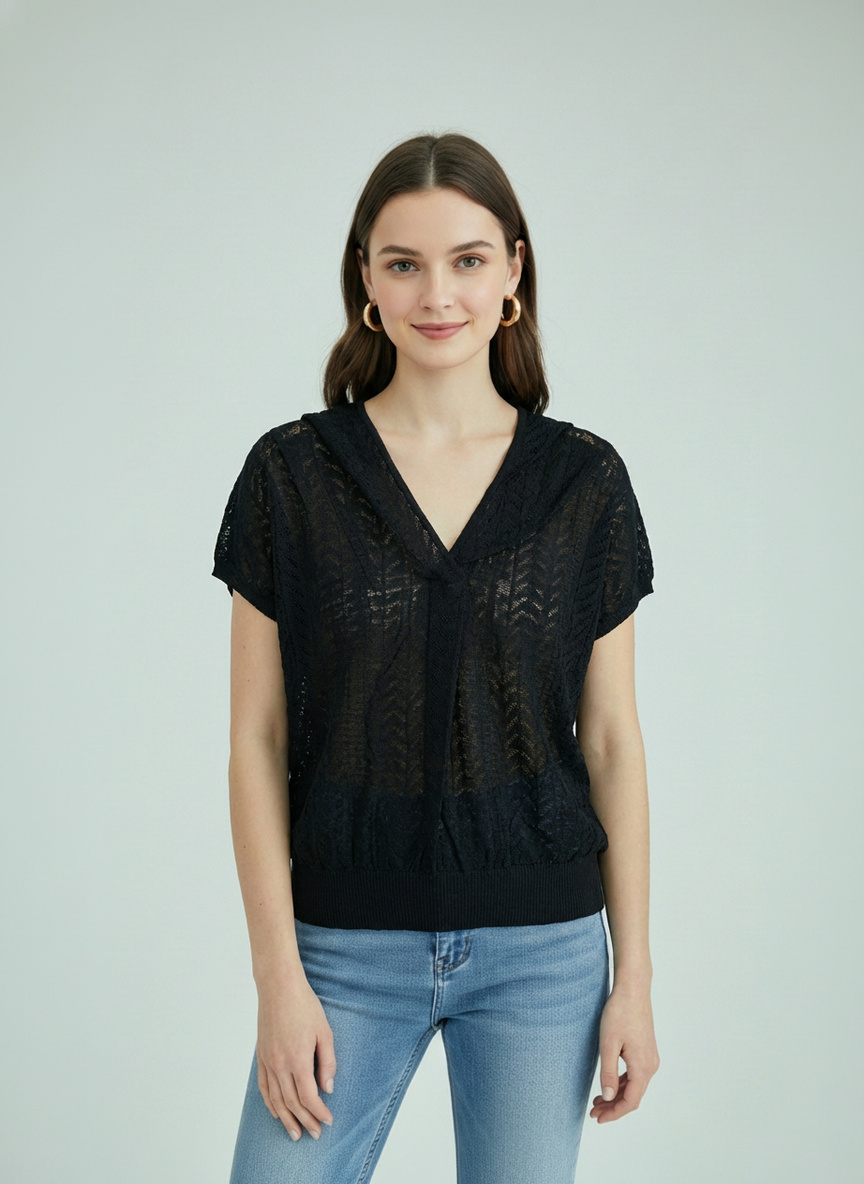 Grossiste SHEYA FASHION - Haut en maille à motif chevron avec devant torsadé et col en V