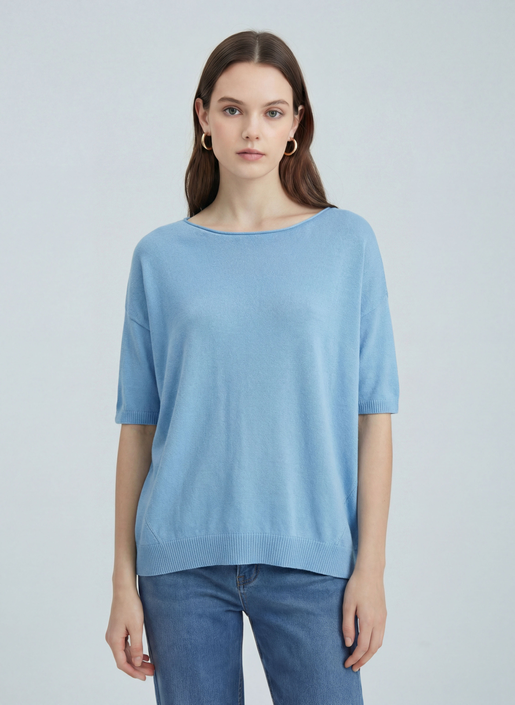 Mayorista SHEYA FASHION - Camiseta de punto oversize con cuello barco transpirable y dobladillo asimétrico