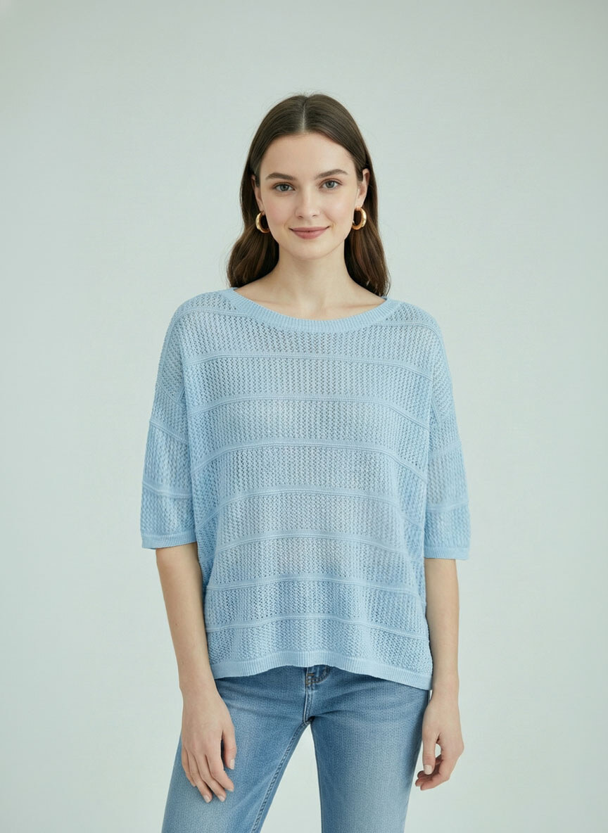 Mayorista SHEYA FASHION - Top de punto abierto a rayas con cuello redondo y mangas al codo
