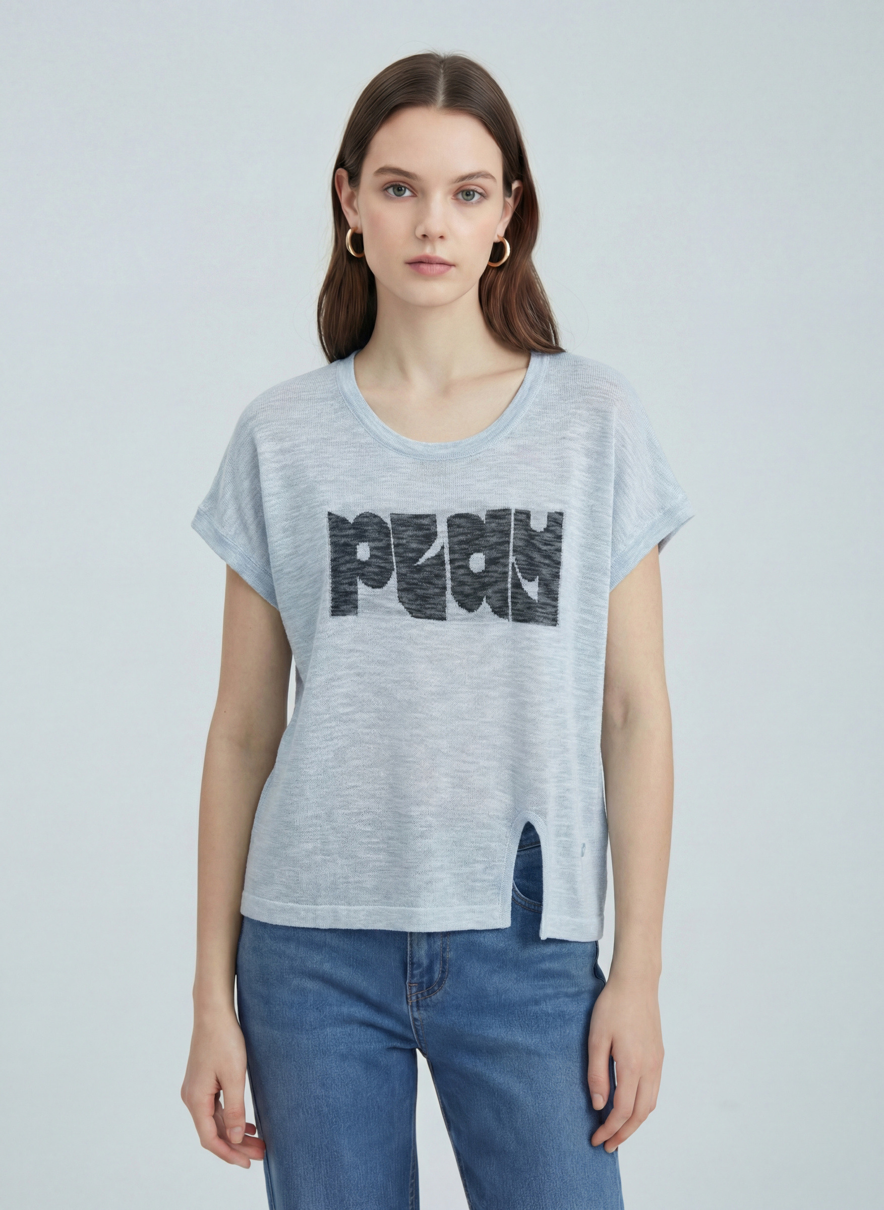 Wholesaler SHEYA FASHION - Casual Letter Print Slub Knit Short Sleeve Top