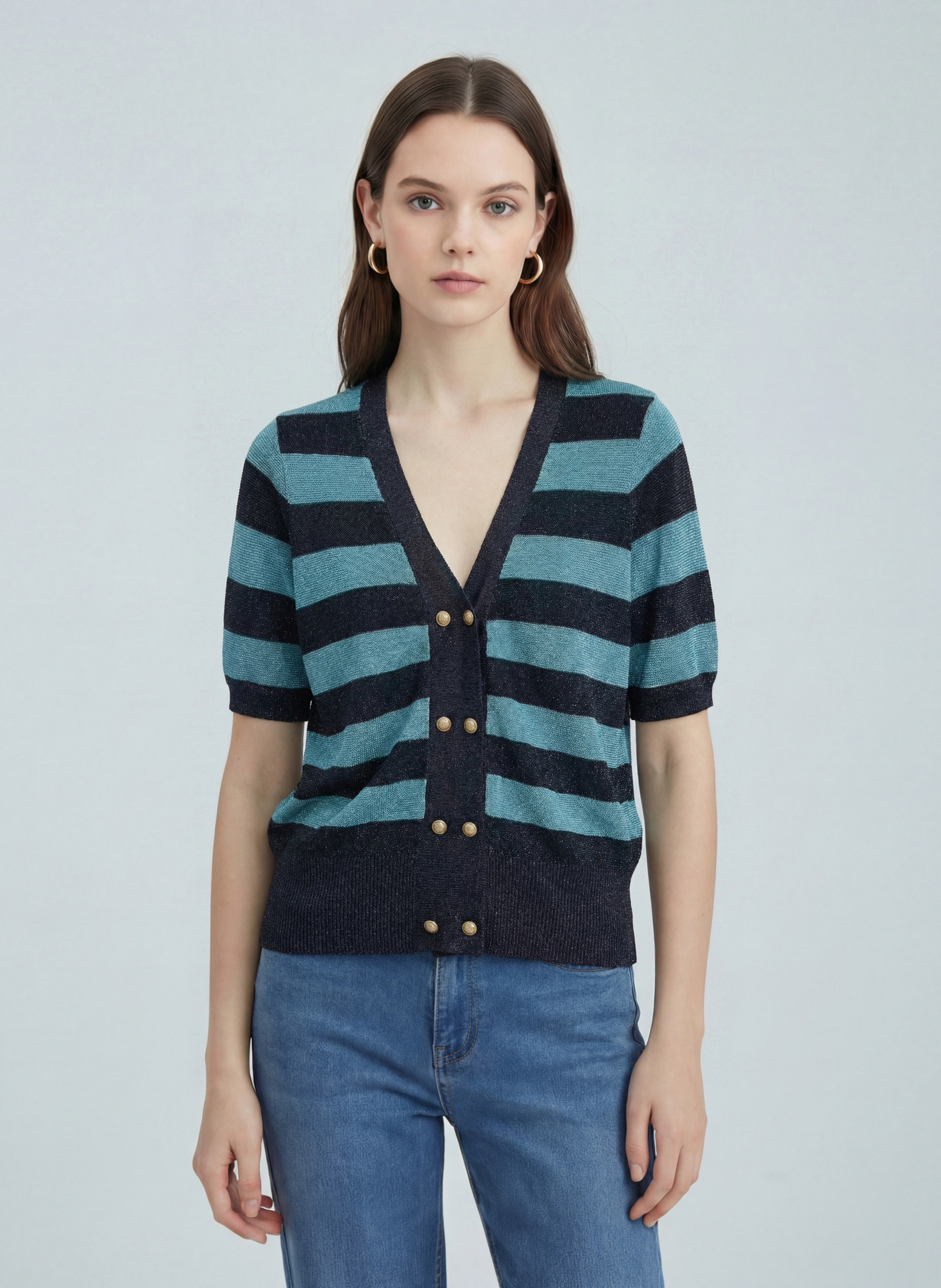 Mayorista SHEYA FASHION - Cárdigan elegante de rayas con lurex, cuello en V y mangas cortas