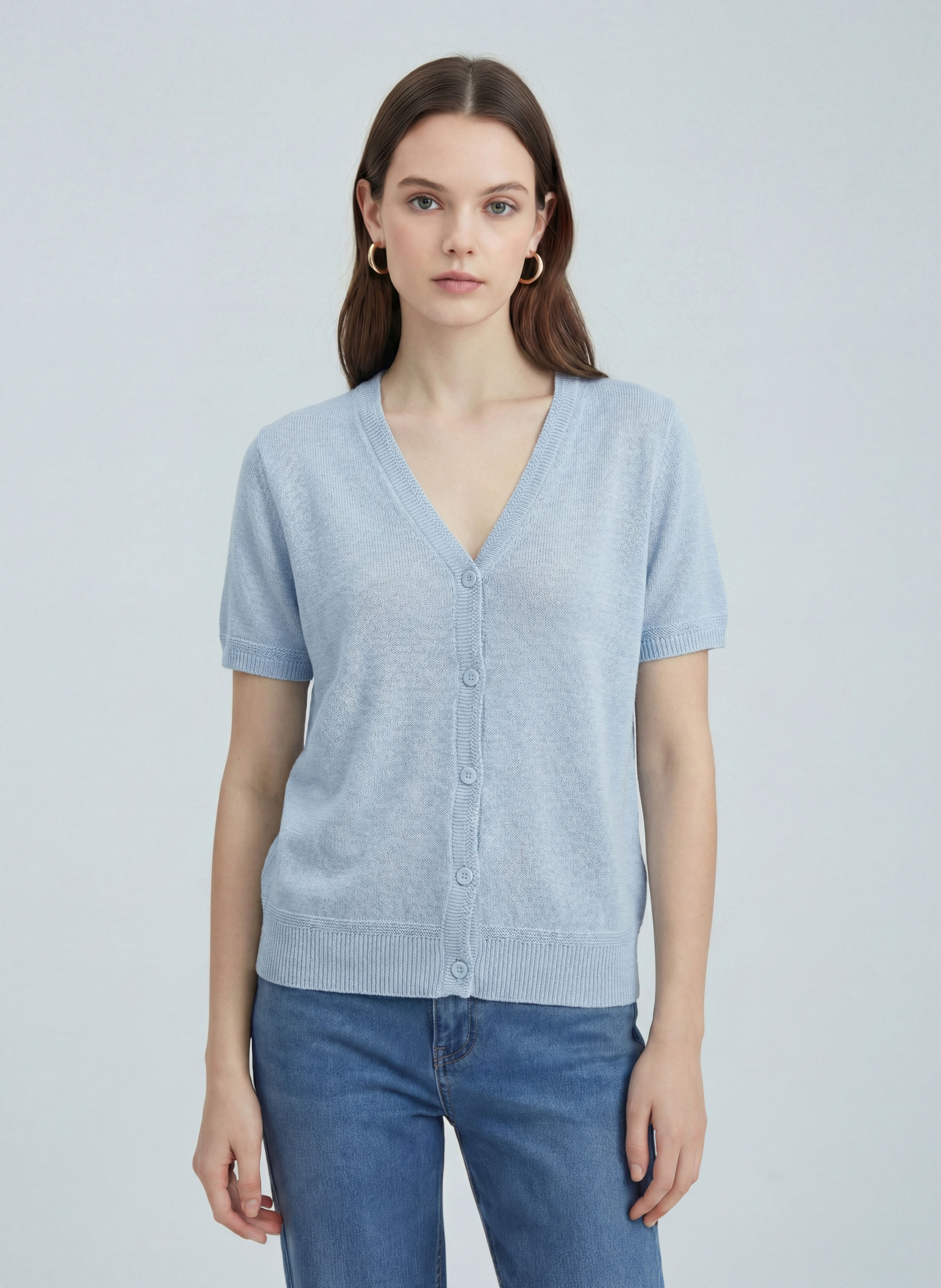 Mayorista SHEYA FASHION - Cárdigan elegante de punto slub con cuello en V y mangas cortas