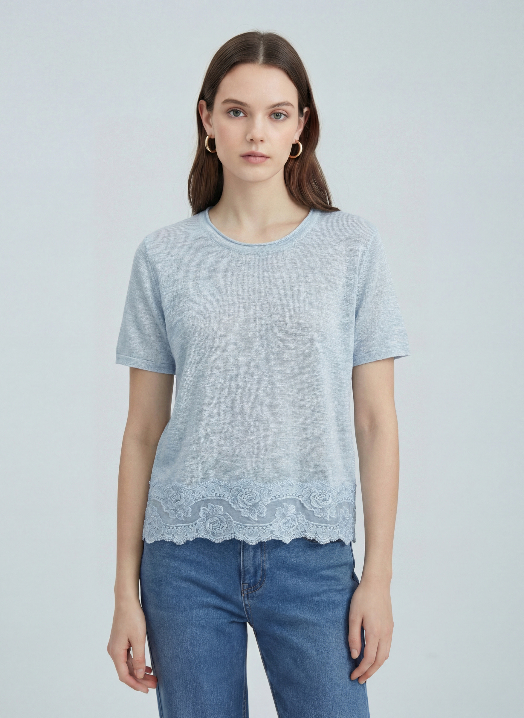 Mayorista SHEYA FASHION - Blusa de punto slub casual con ribete de encaje floral