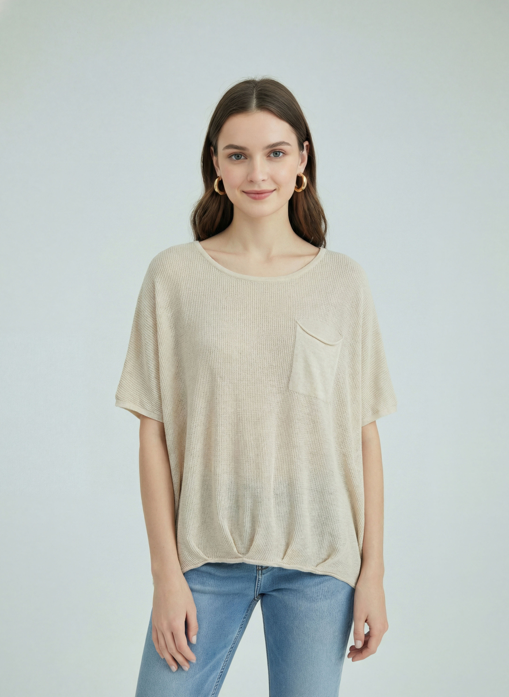 Mayorista SHEYA FASHION - Camiseta de punto ligero y transparente con bolsillo en el pecho