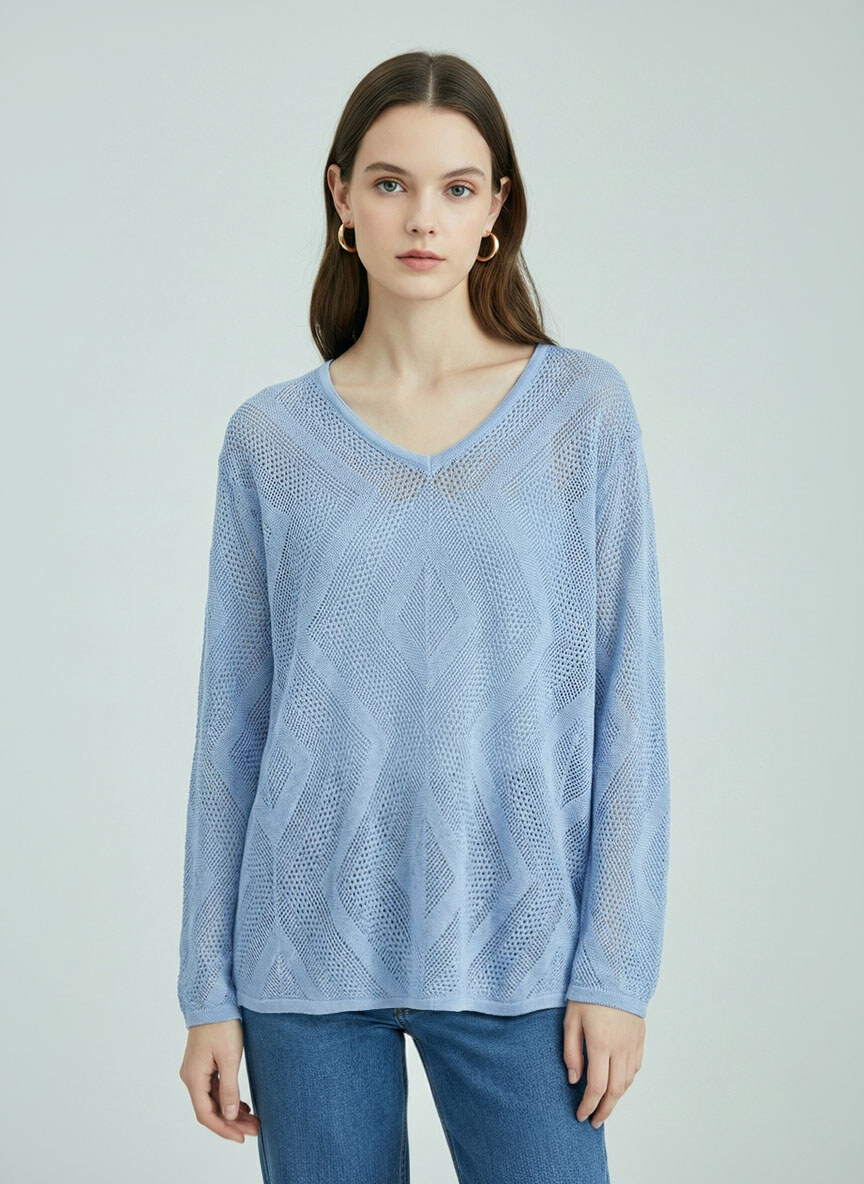 Wholesaler SHEYA FASHION - Breathable V-Neck Geometric Openwork Knit Sweater